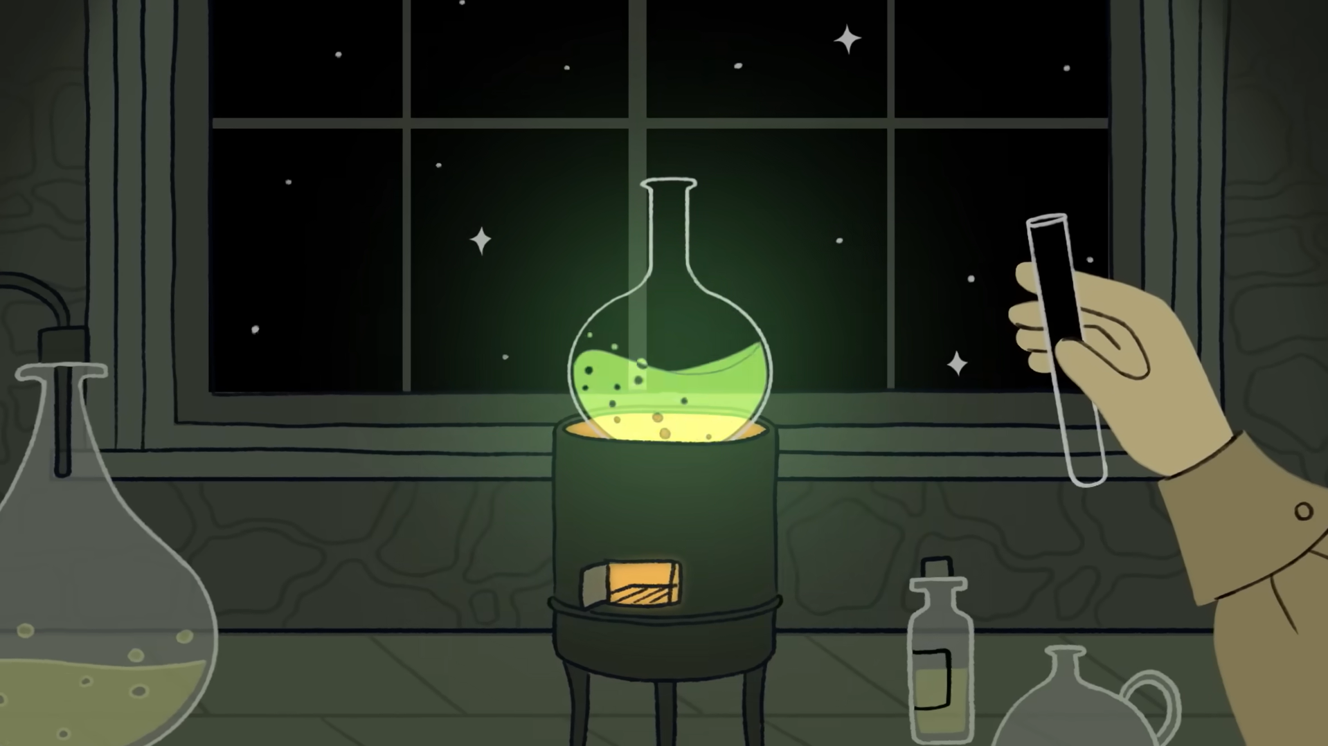 Hand holds test tube beside glowing green chemical flask during nighttime laboratory experiment.