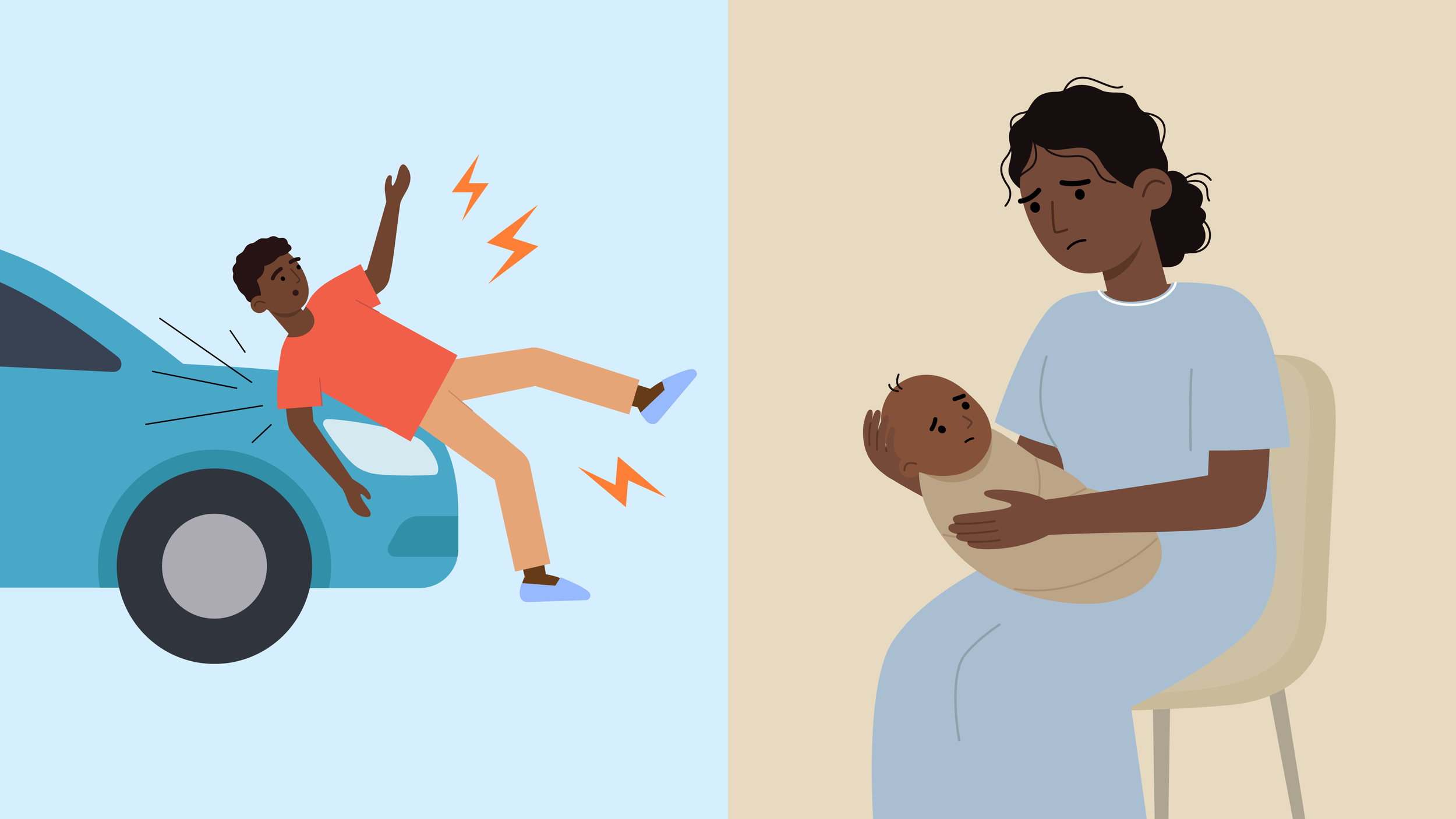Illustration showing car accident and childbirth as causes of brain injury linked to epilepsy