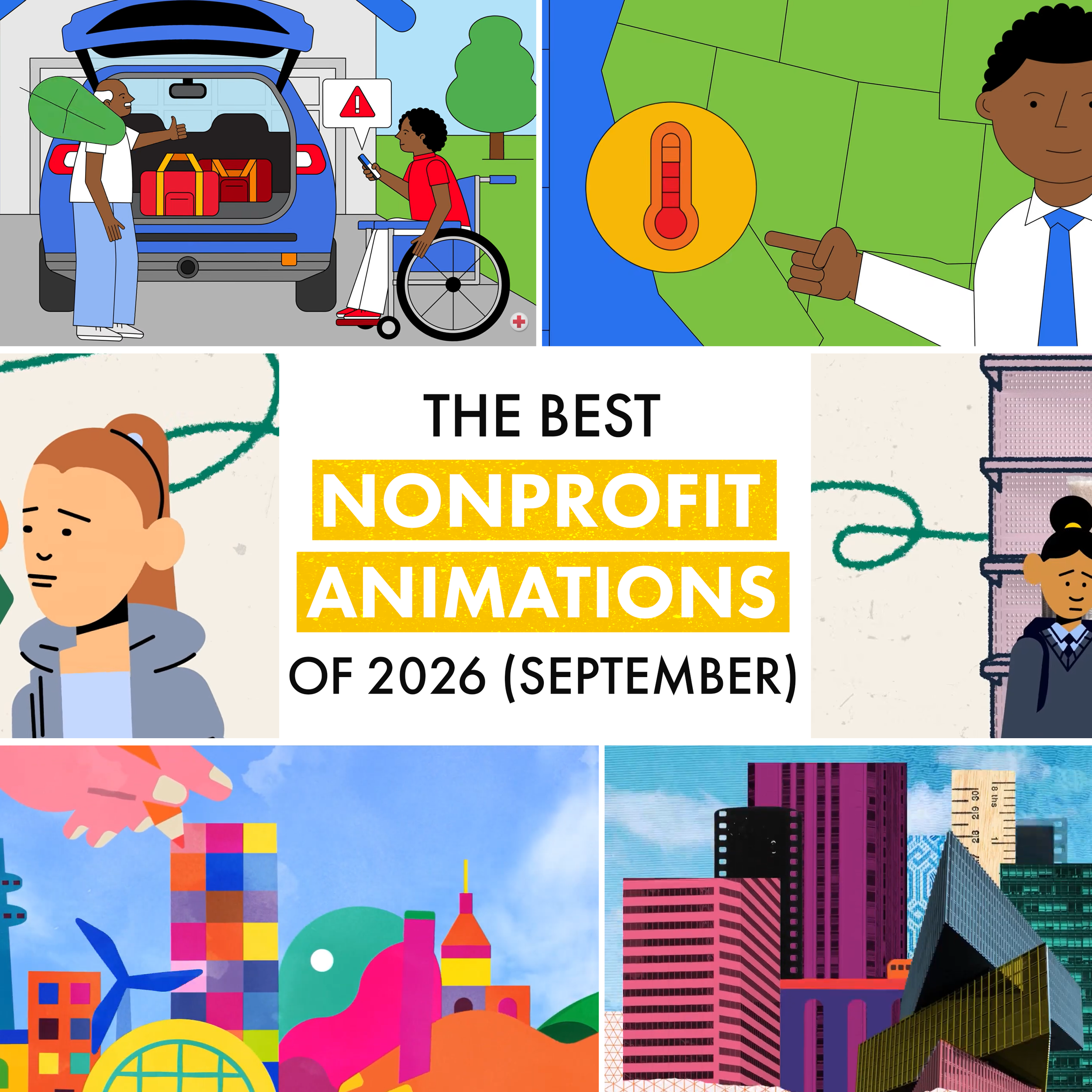 Collage showcasing the best nonprofit animations of September 2026, featuring colourful scenes from charity videos.