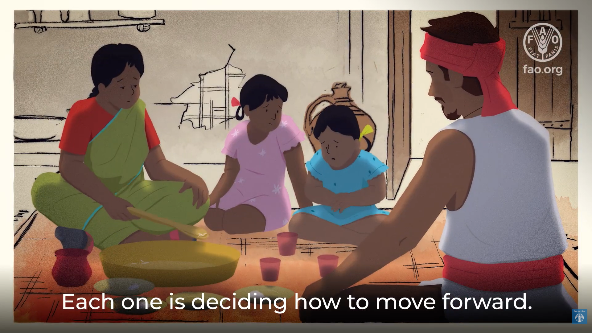 Family sits together indoors, discussing difficult decisions about their future.