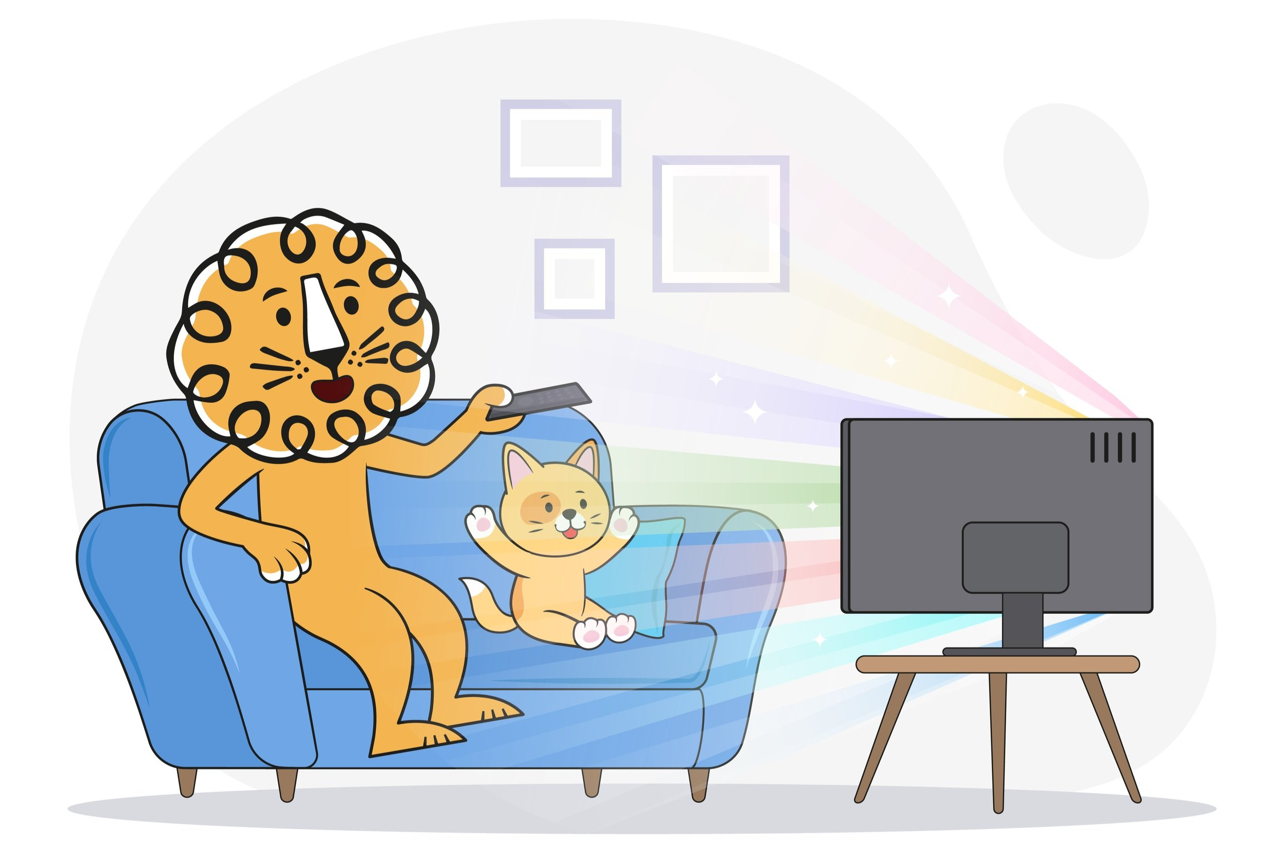 Leon the lion sitting on a couch with a cat while watching a colorful animation on television.