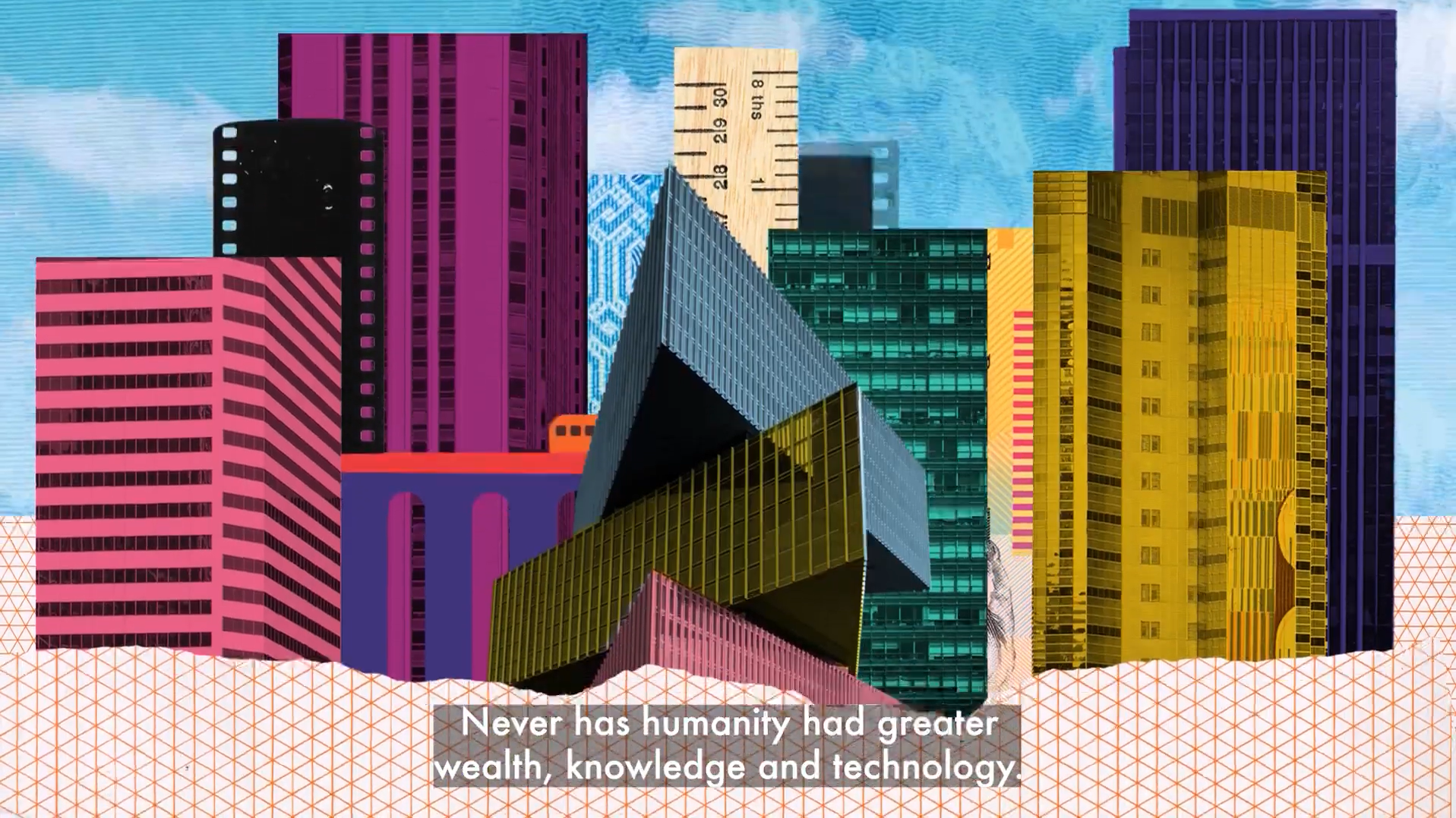 Colourful collage of skyscrapers and architectural structures representing human progress and technological development.