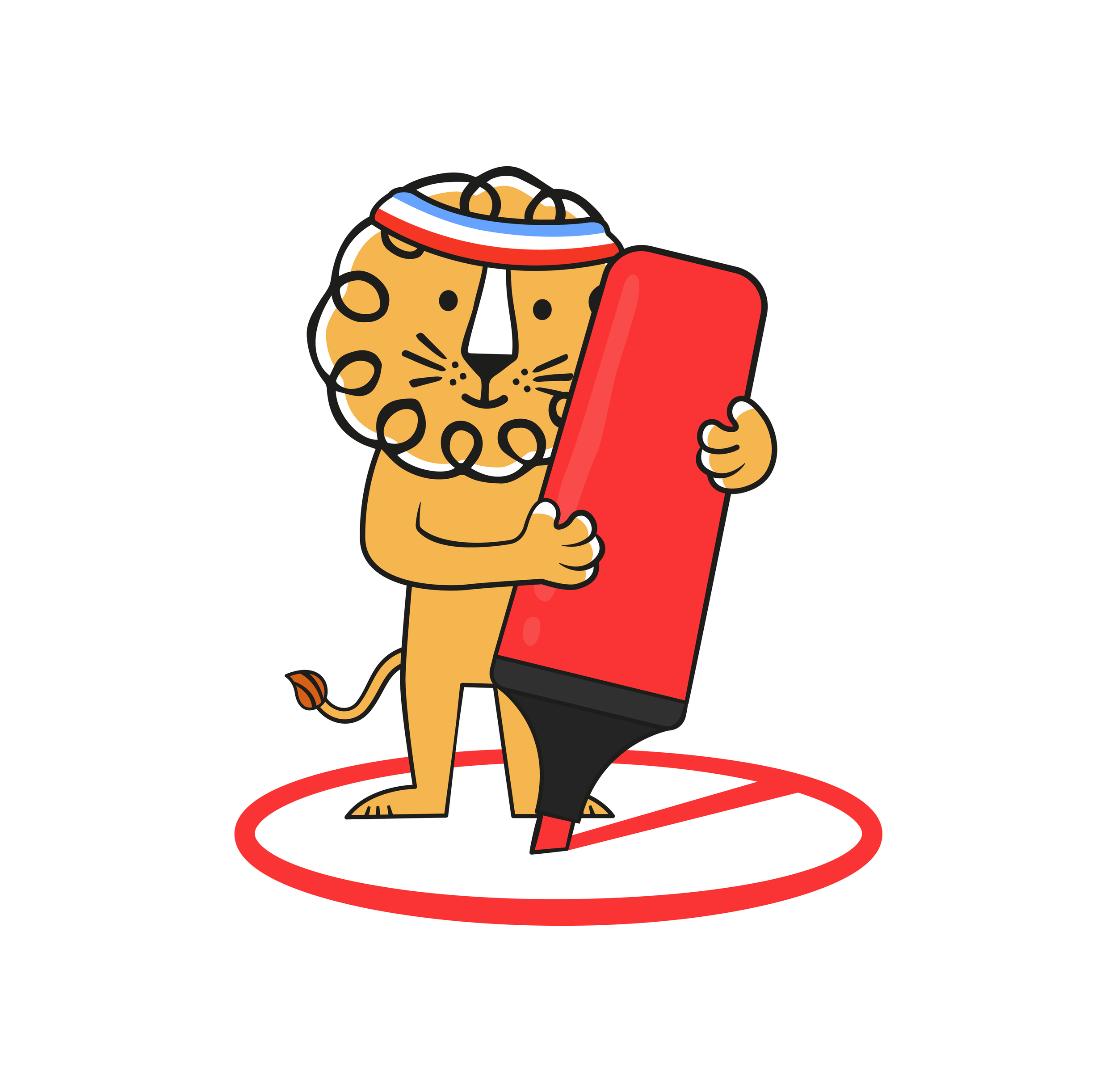 Leon the lion using a large red marker to highlight a circular area, representing emphasis on key points.