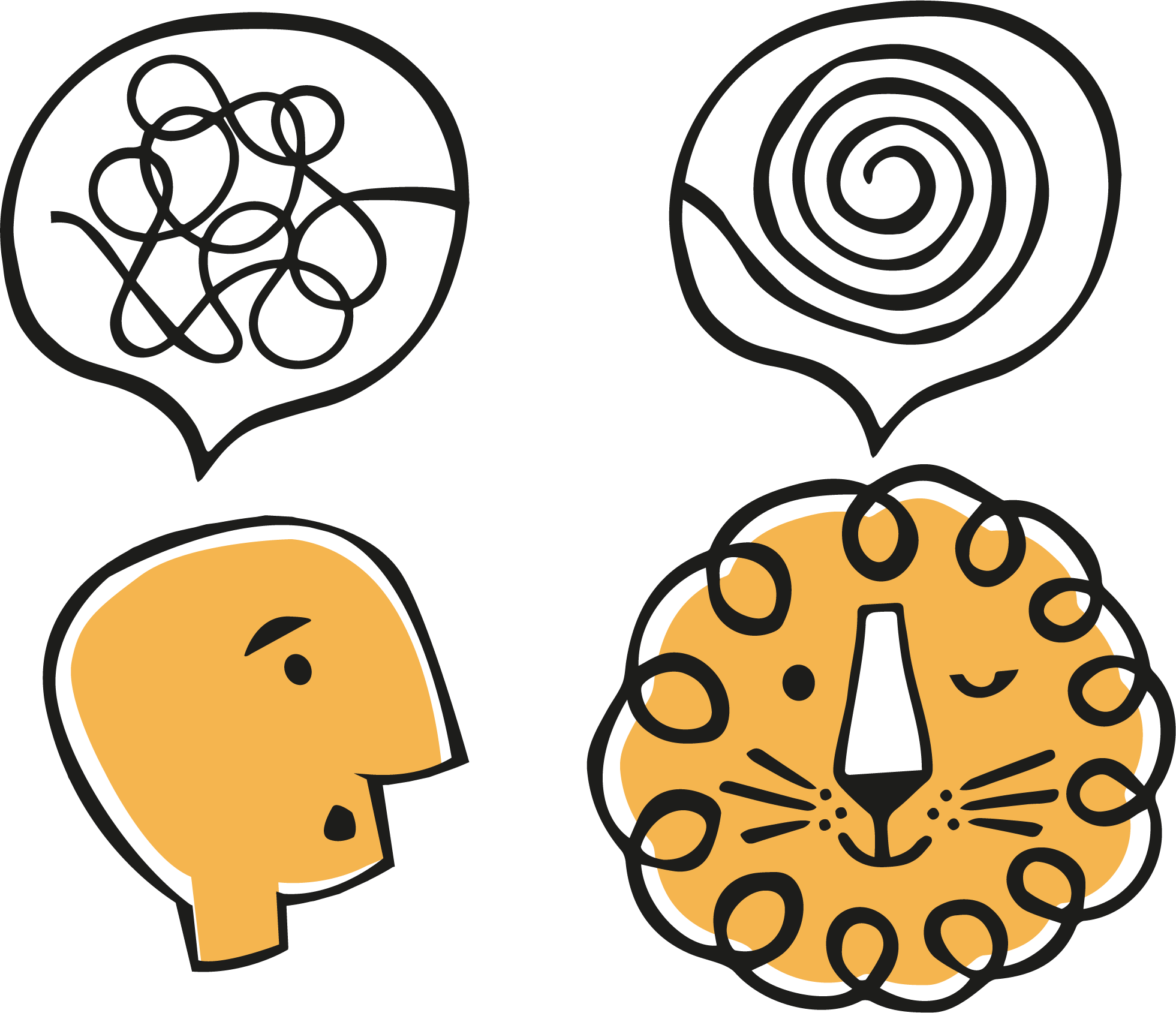 Person with tangled thoughts facing Leon the lion with a clear spiral, representing turning confusion into clarity.