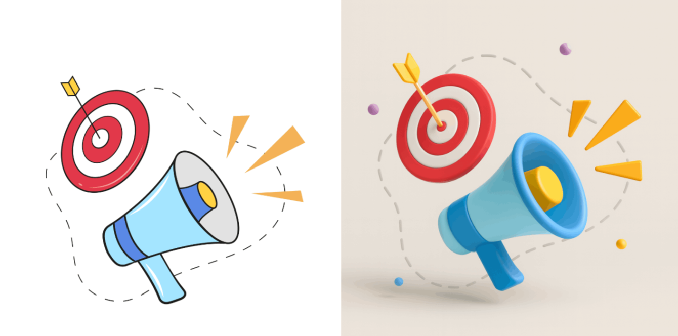 Megaphone and target with arrow, shown as flat illustration and 3D icon.