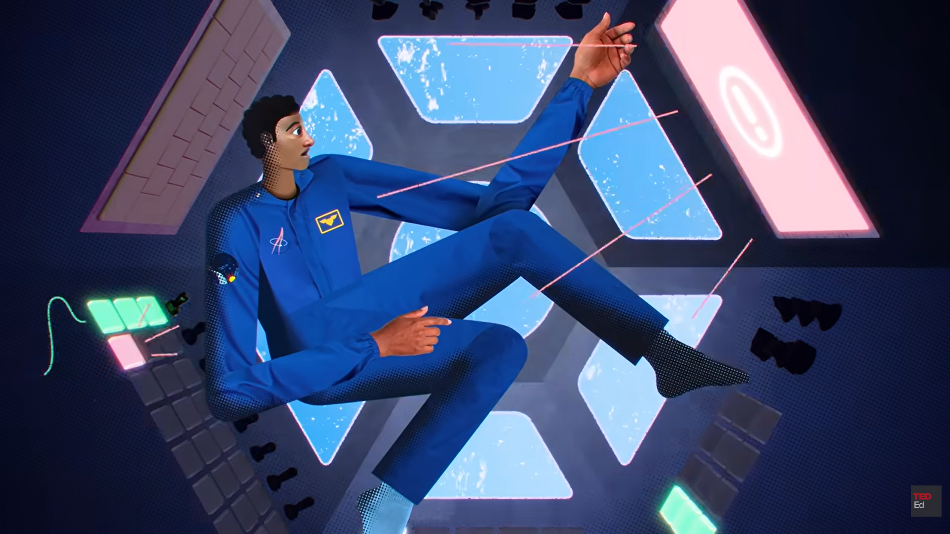 TED-Ed animated astronaut floats inside a spacecraft surrounded by illuminated panels and futuristic controls.