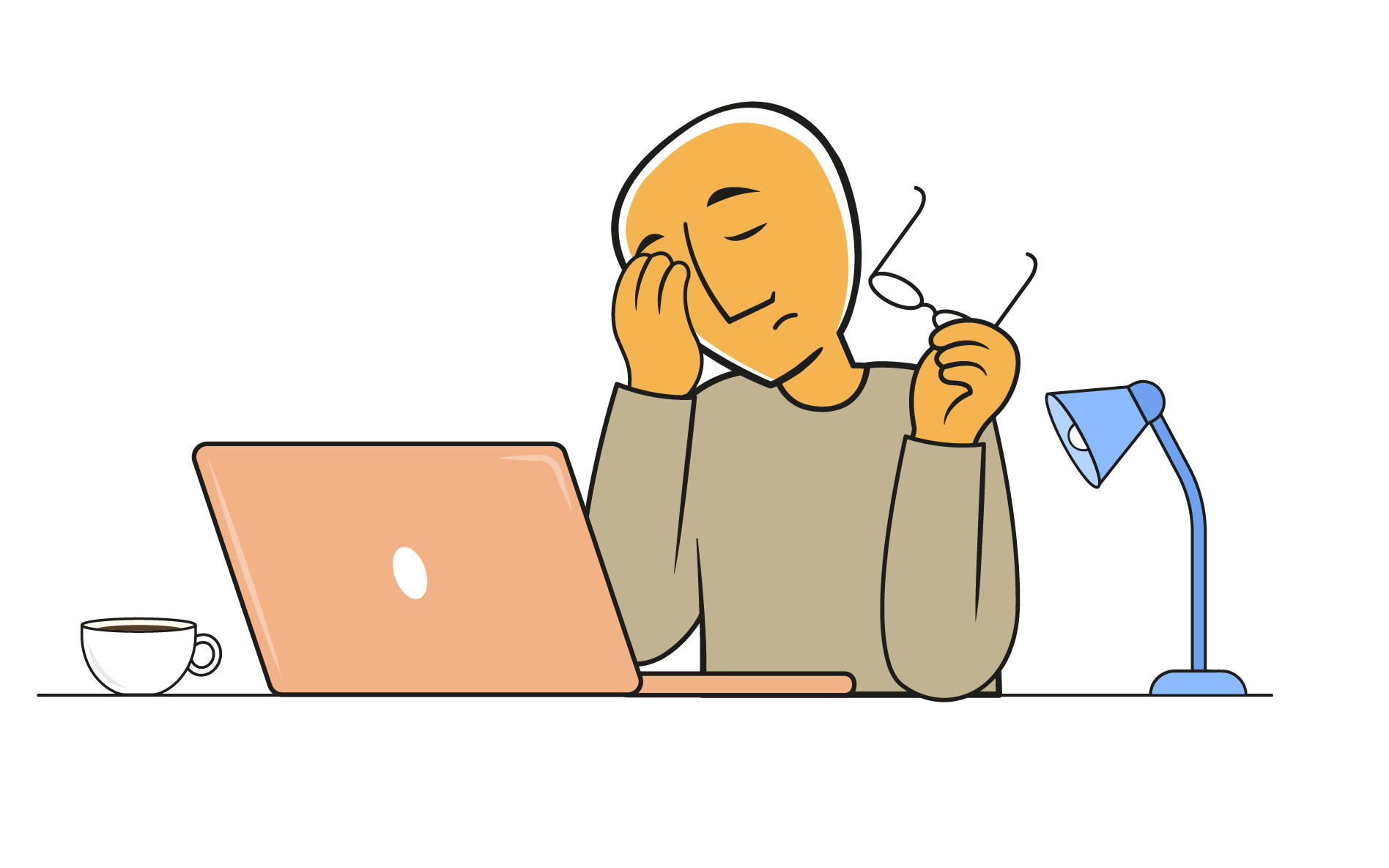 Tired person rubs eyes while holding glasses beside a laptop and desk lamp.