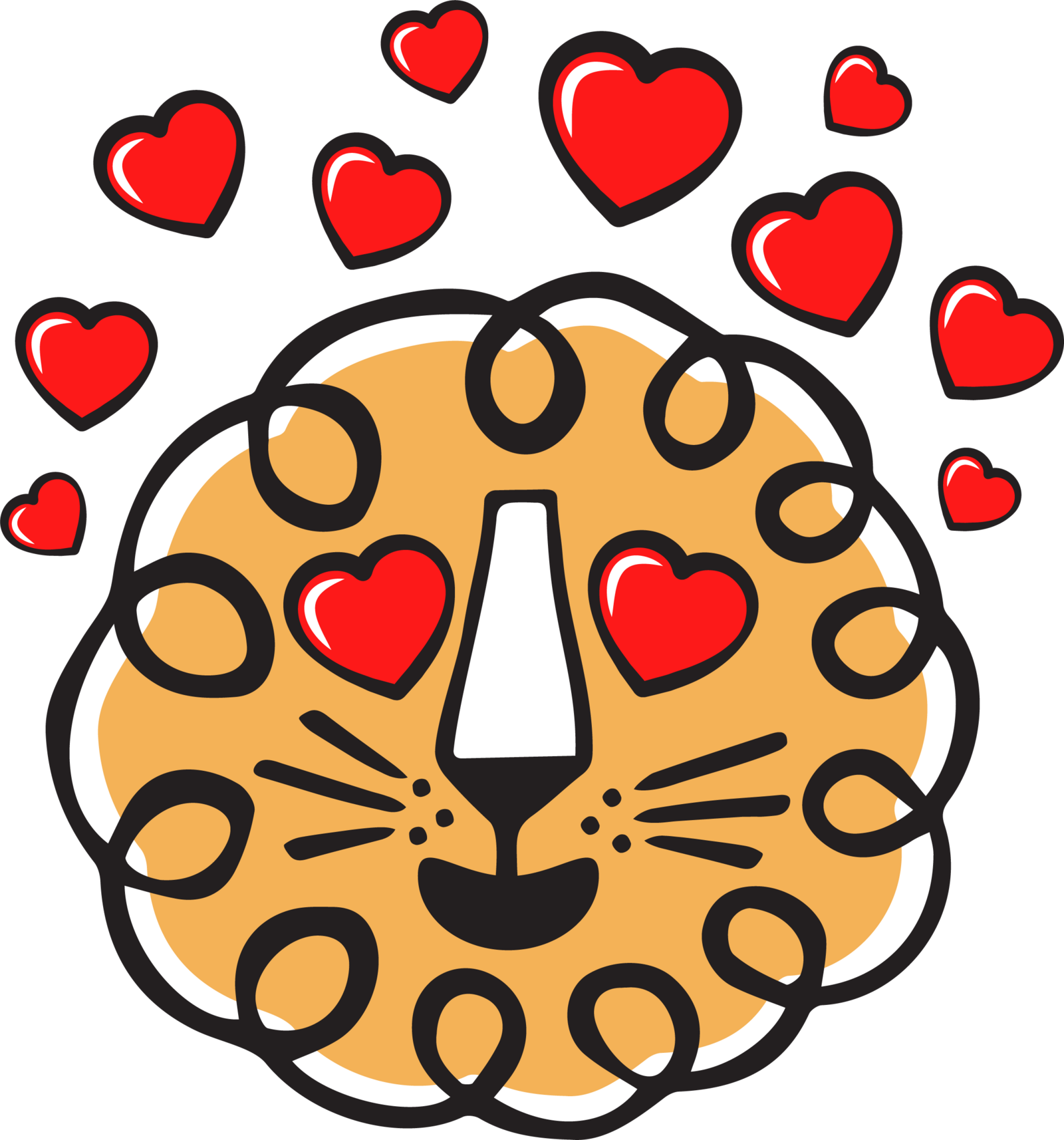 Illustrated orange lion face with heart-shaped eyes surrounded by floating red hearts.