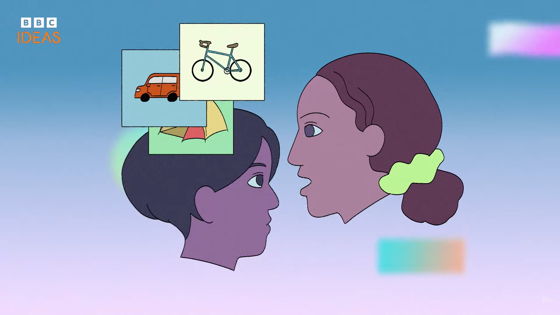 Woman speaks to man while transport icons appear above his head.