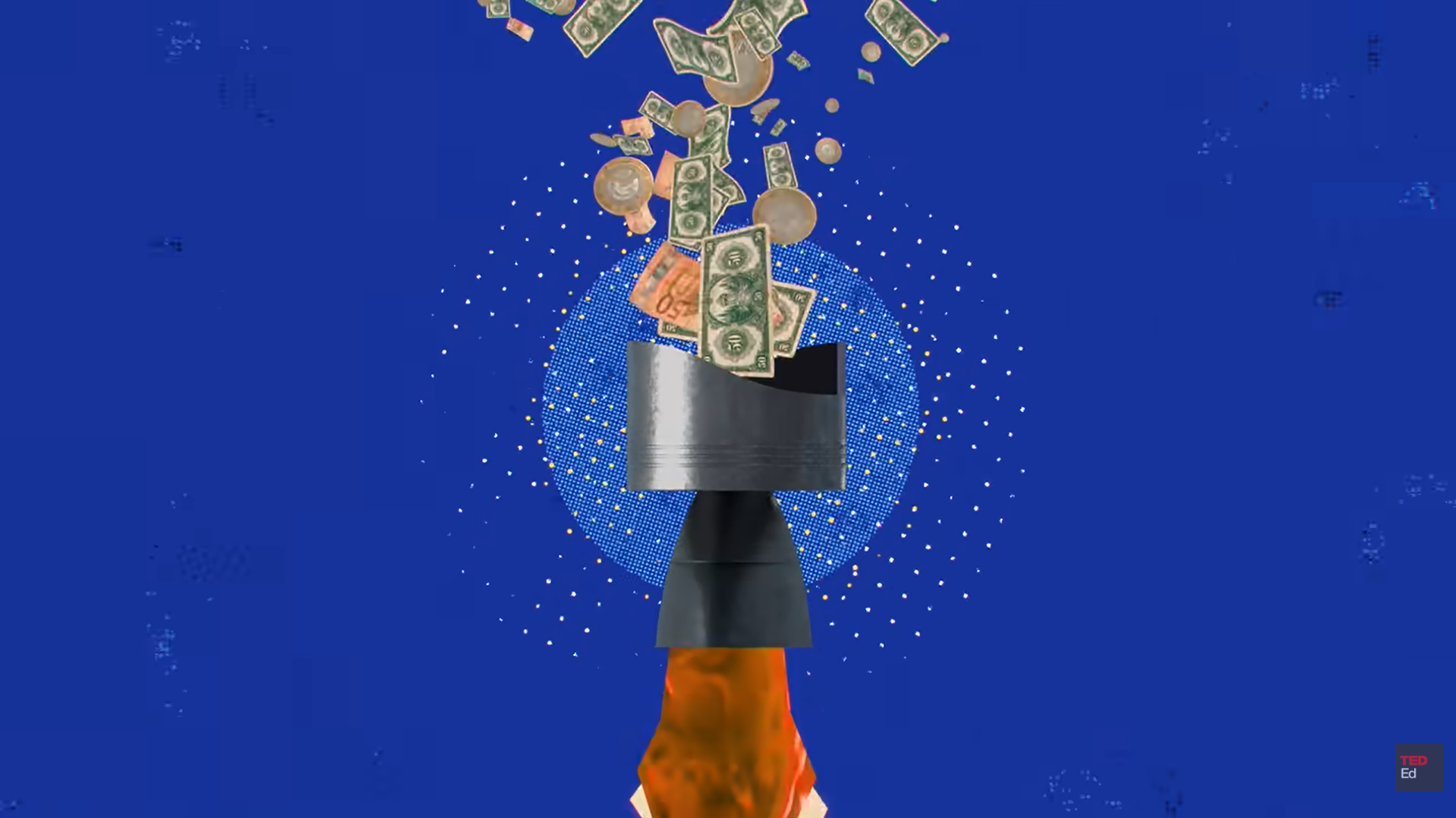 TED-Ed animation shows money pouring into a rocket-like object against a deep blue background.