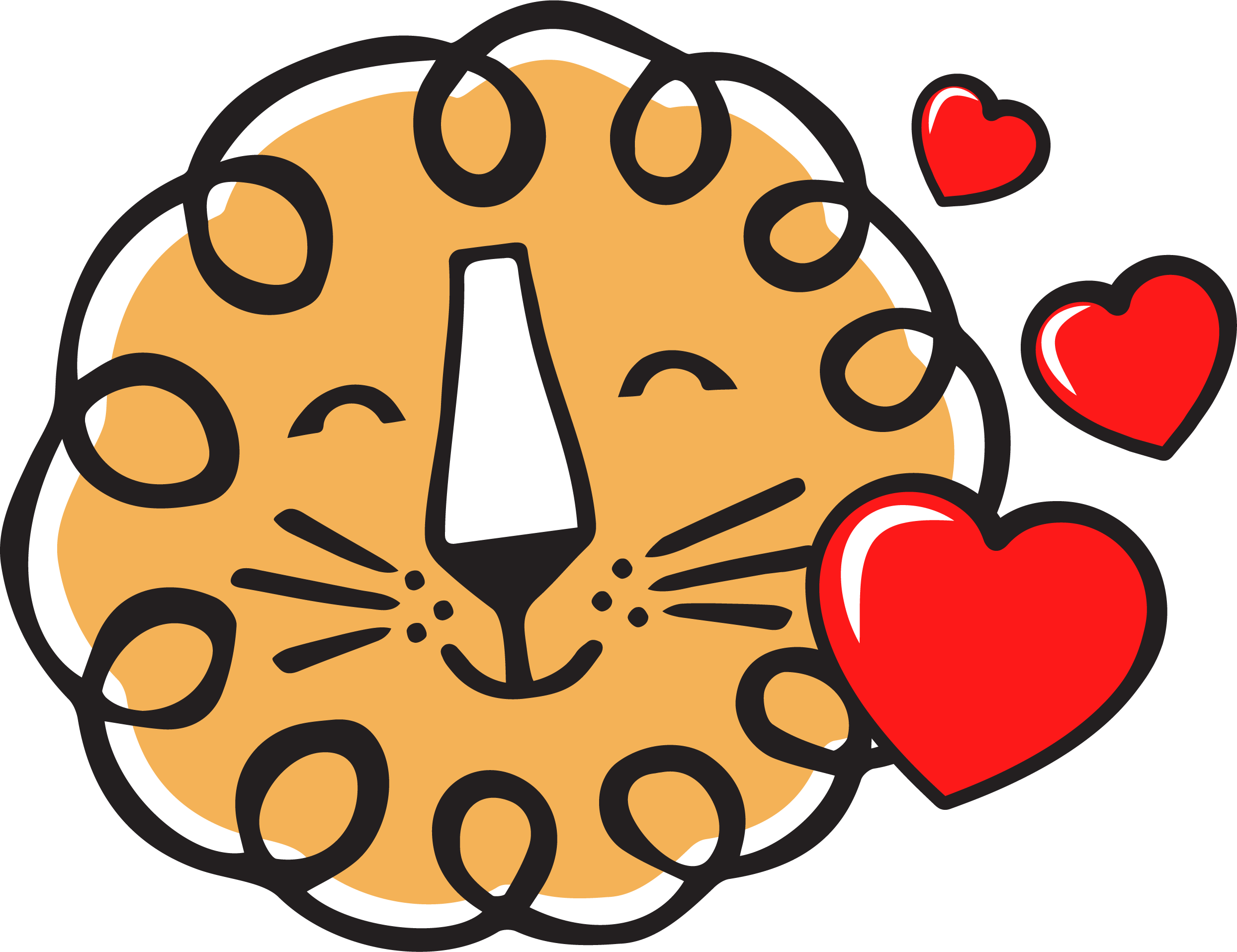 Leon! Animation Studio’s lion mascot smiles with closed eyes beside three bright red hearts.