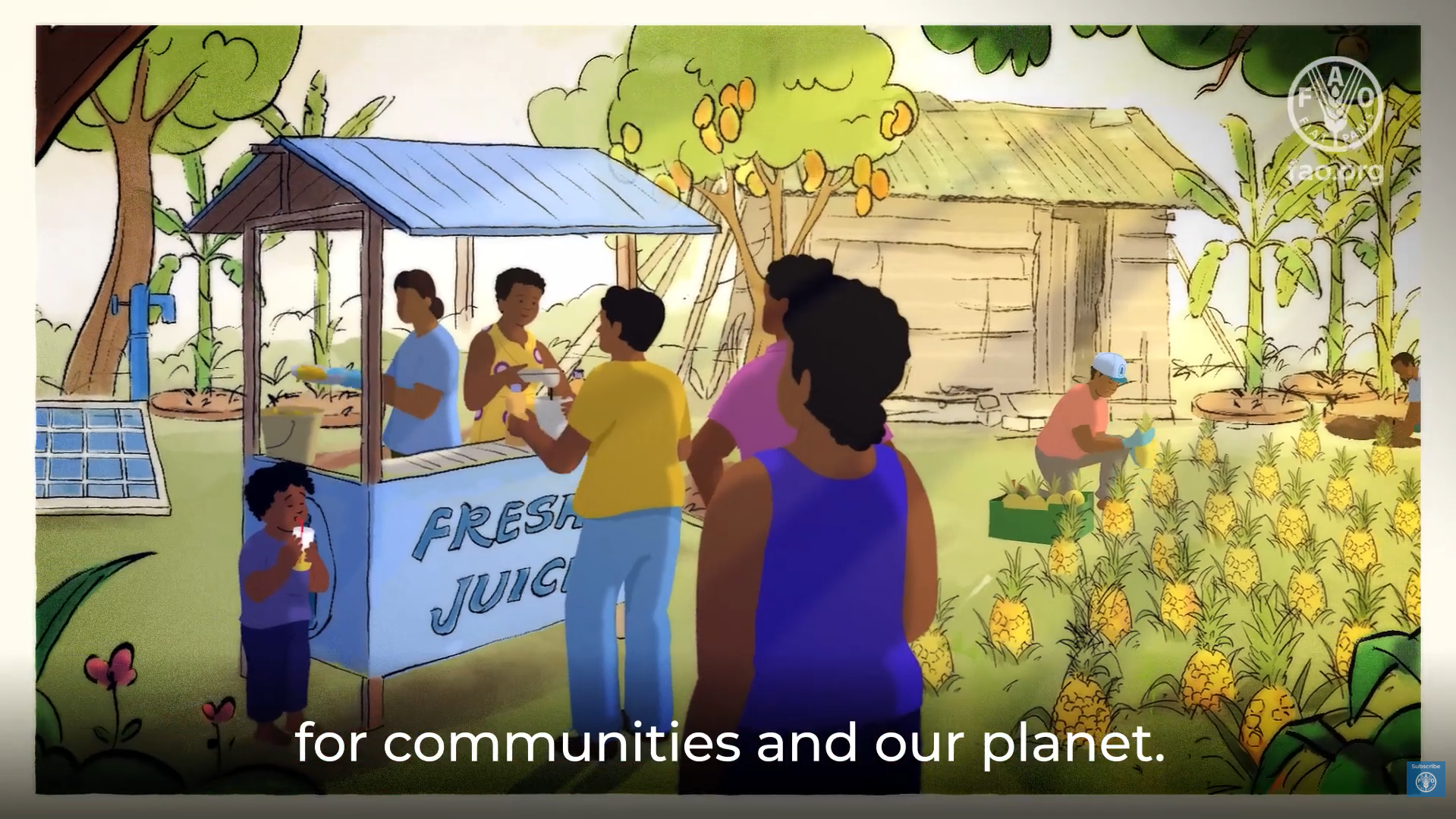 Community members gather near a juice stand beside crops and small farms.