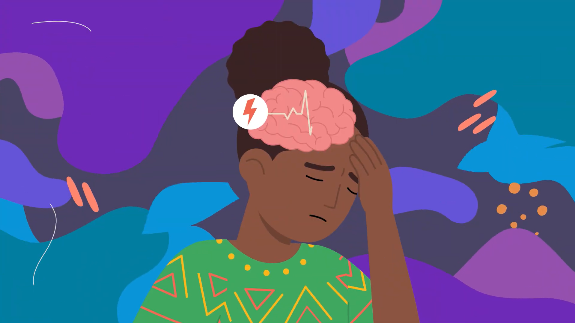 Illustrated woman holds her head in pain beneath brain graphic showing neurological activity.