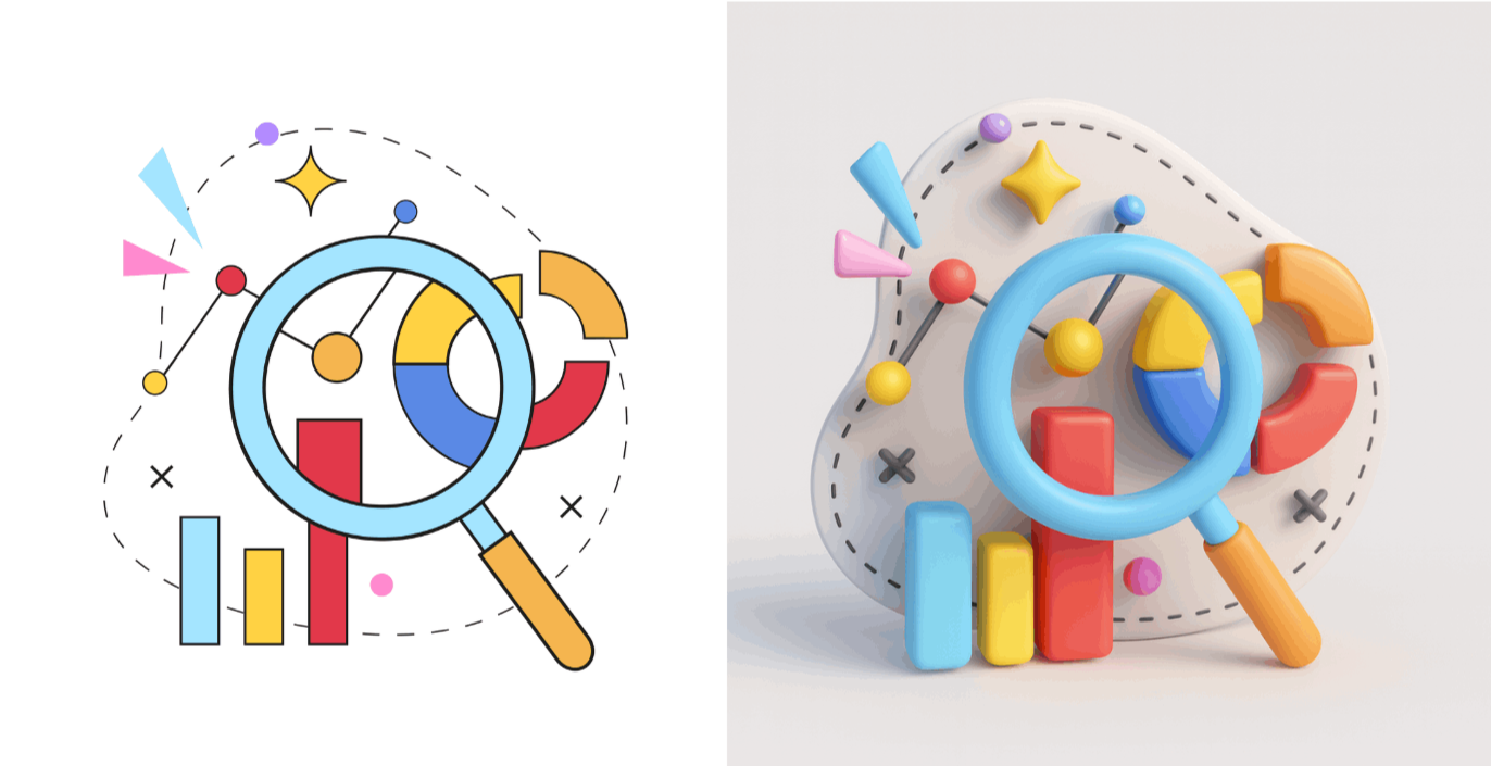 Magnifying glass analyzing colorful charts and geometric shapes representing data insights