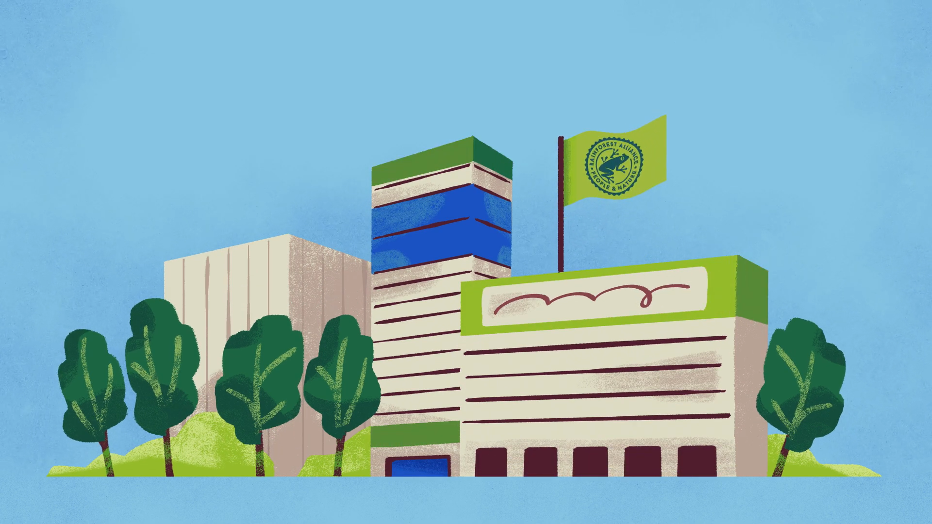 Modern institutional building with trees and a sustainability flag.