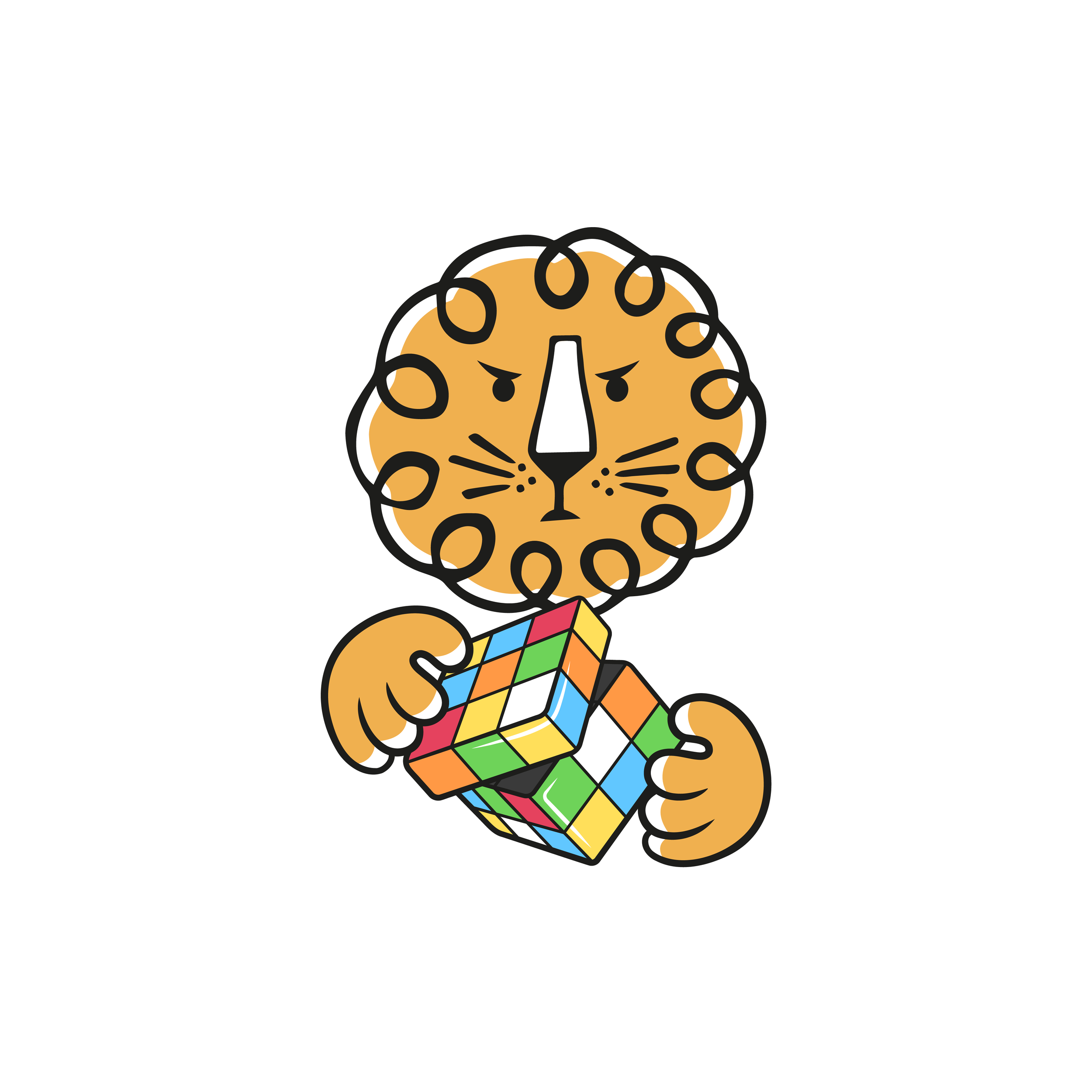 Leon the lion concentrating while solving a Rubik’s cube, representing problem-solving and strategy.