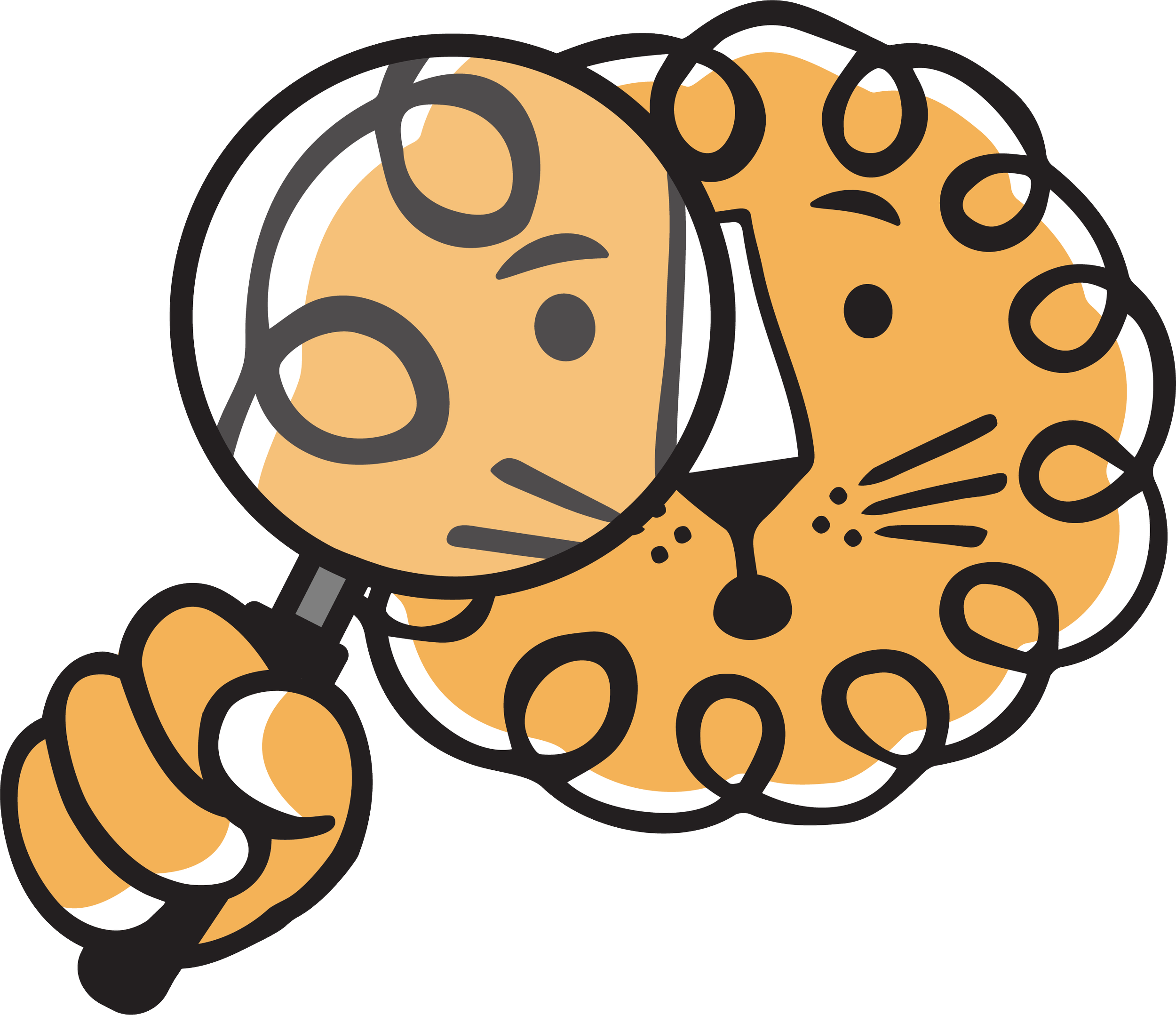 Leon the lion viewed through a magnifying glass representing research and analysis during animation production.