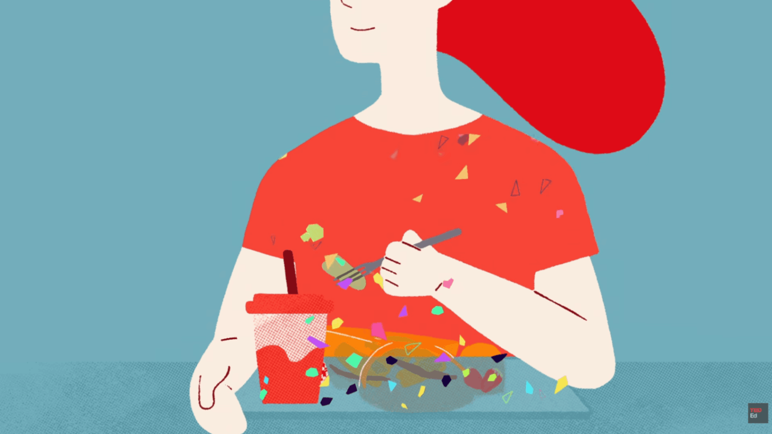 Woman eating junk food with a soda while colorful food pieces scatter around the table.