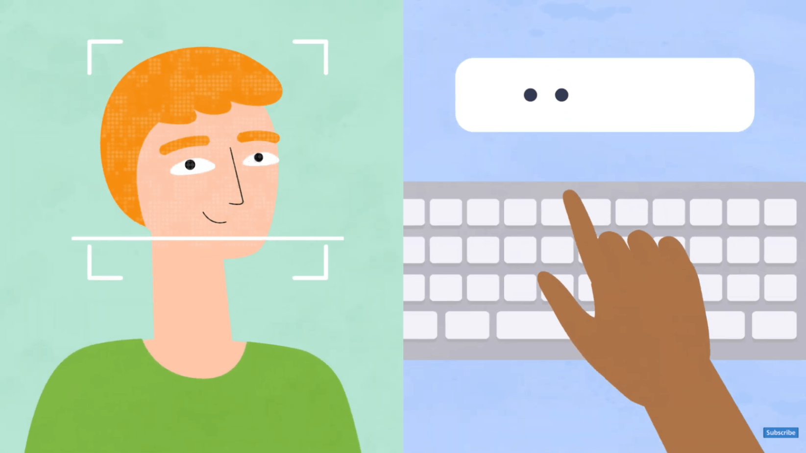 Facial recognition technology identifying individual while hand enters information on keyboard.