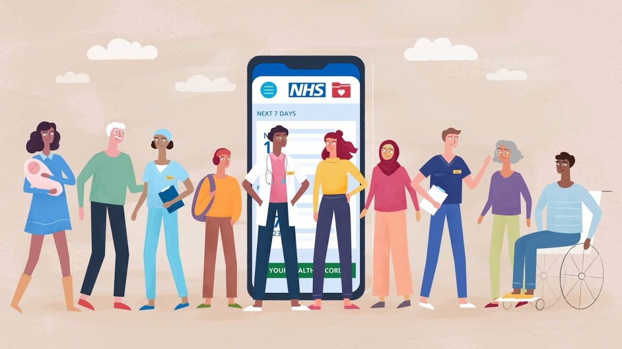 Diverse people stand beside a large NHS app screen showing upcoming appointments.