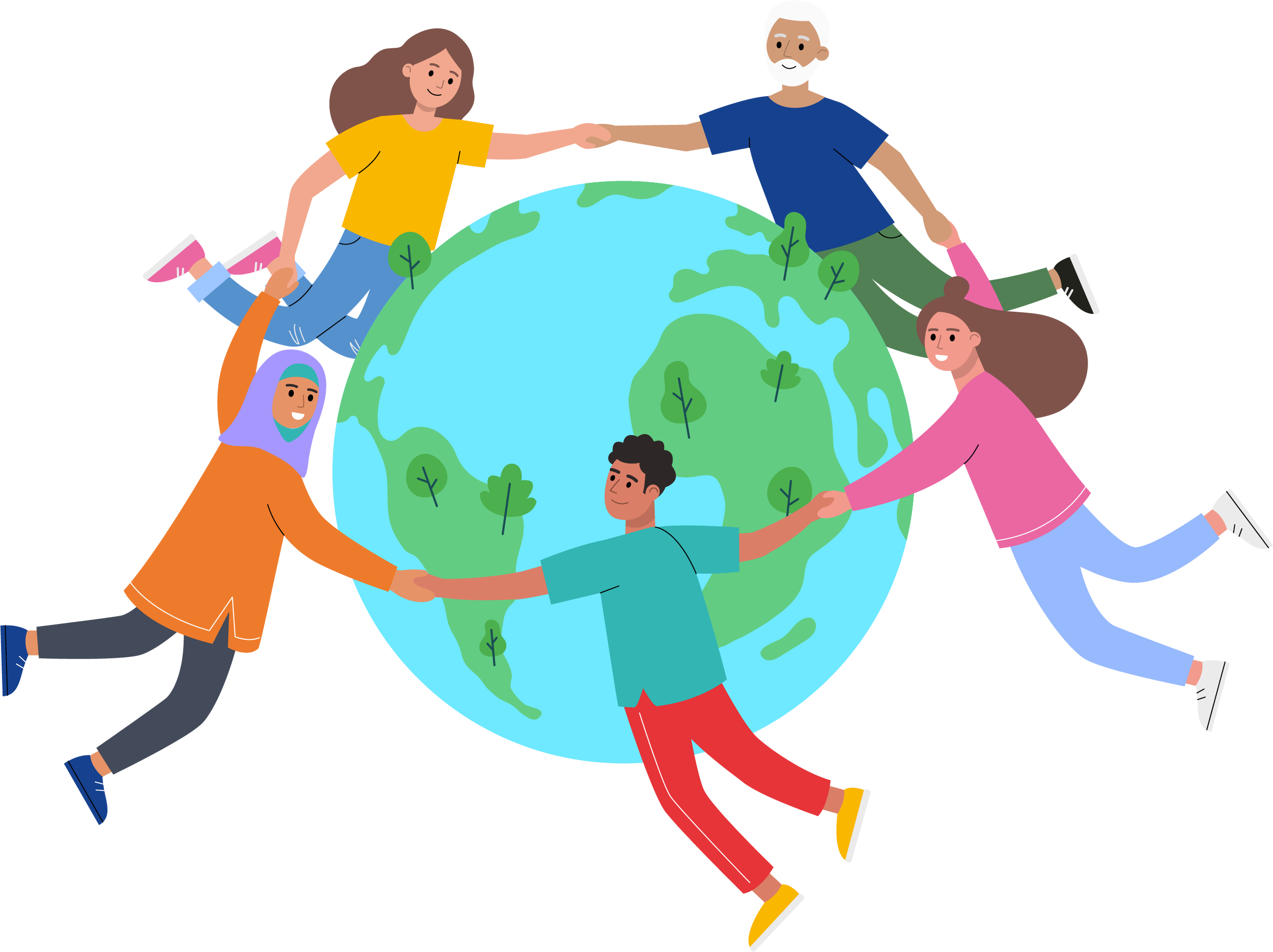 Diverse group of people holding hands around the Earth, representing global collaboration and unity.