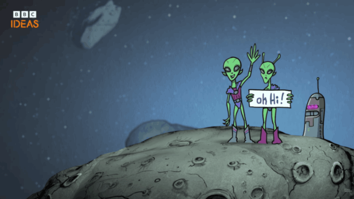 Two green aliens wave while holding a sign reading “oh hi!” on an asteroid.