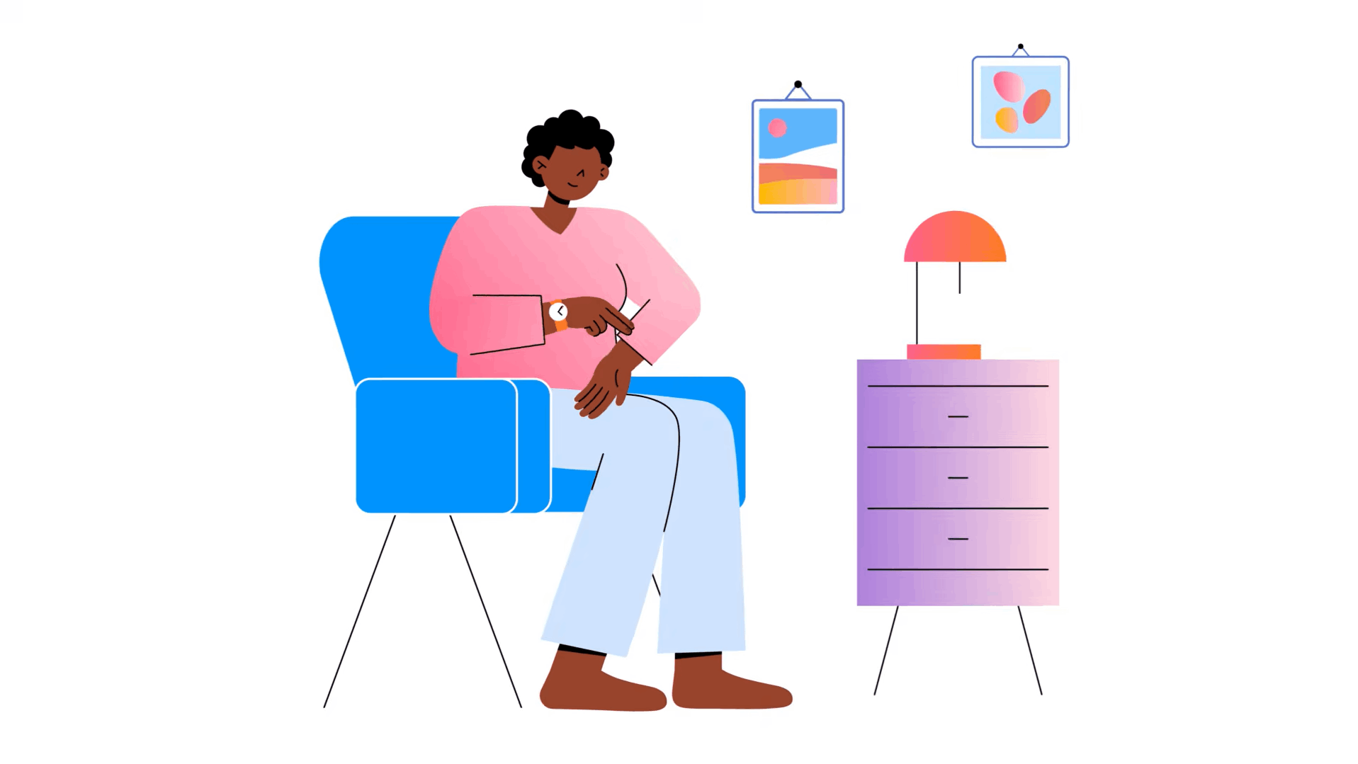 Person sitting in a chair while checking a smartwatch that tracks health data.