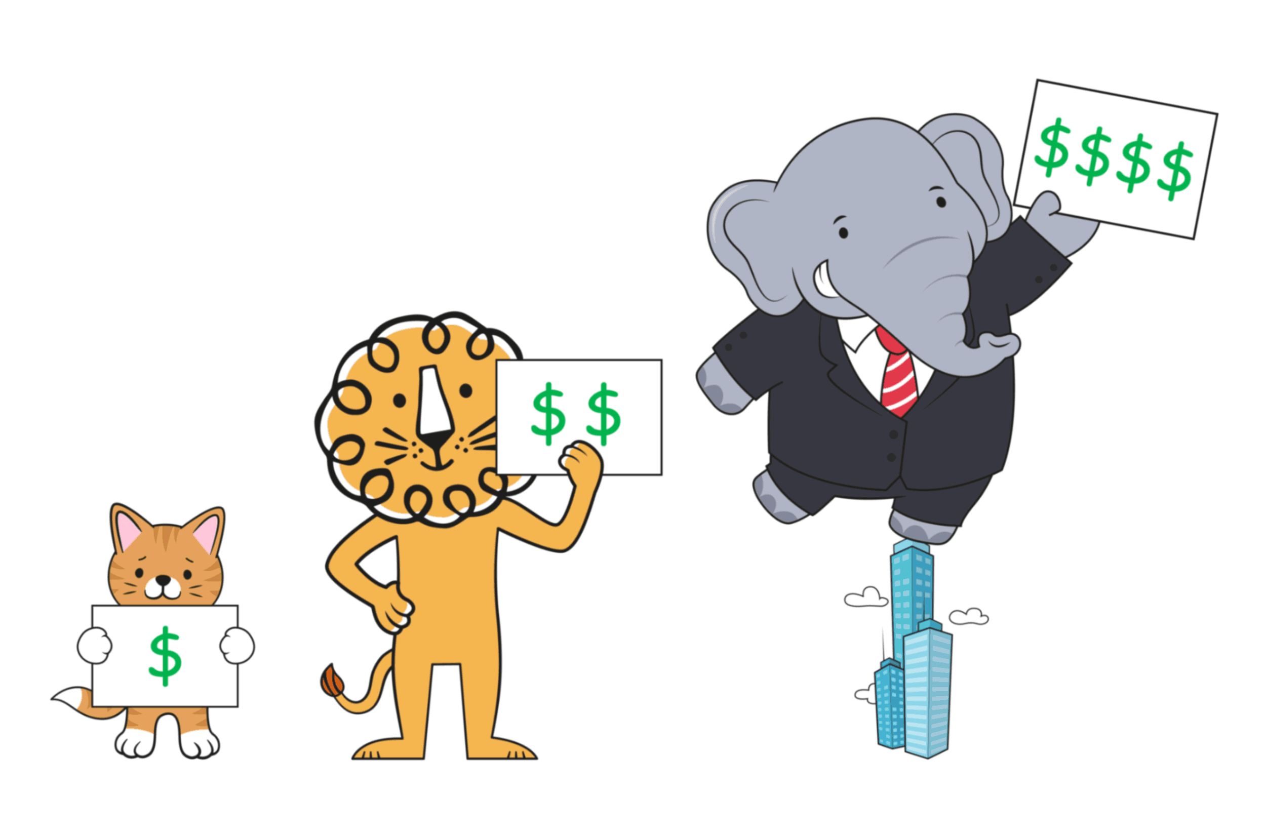 Cat, Leon! Animation Studio’s lion, and elephant display money signs with rising value.