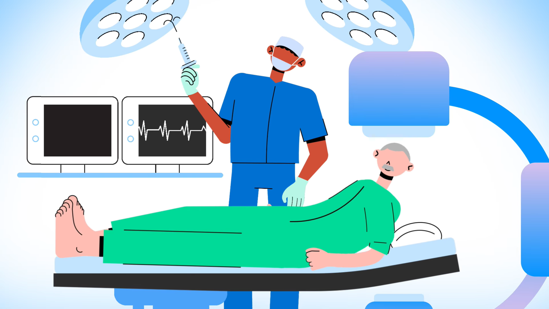 Surgeon prepares syringe beside patient on operating table.