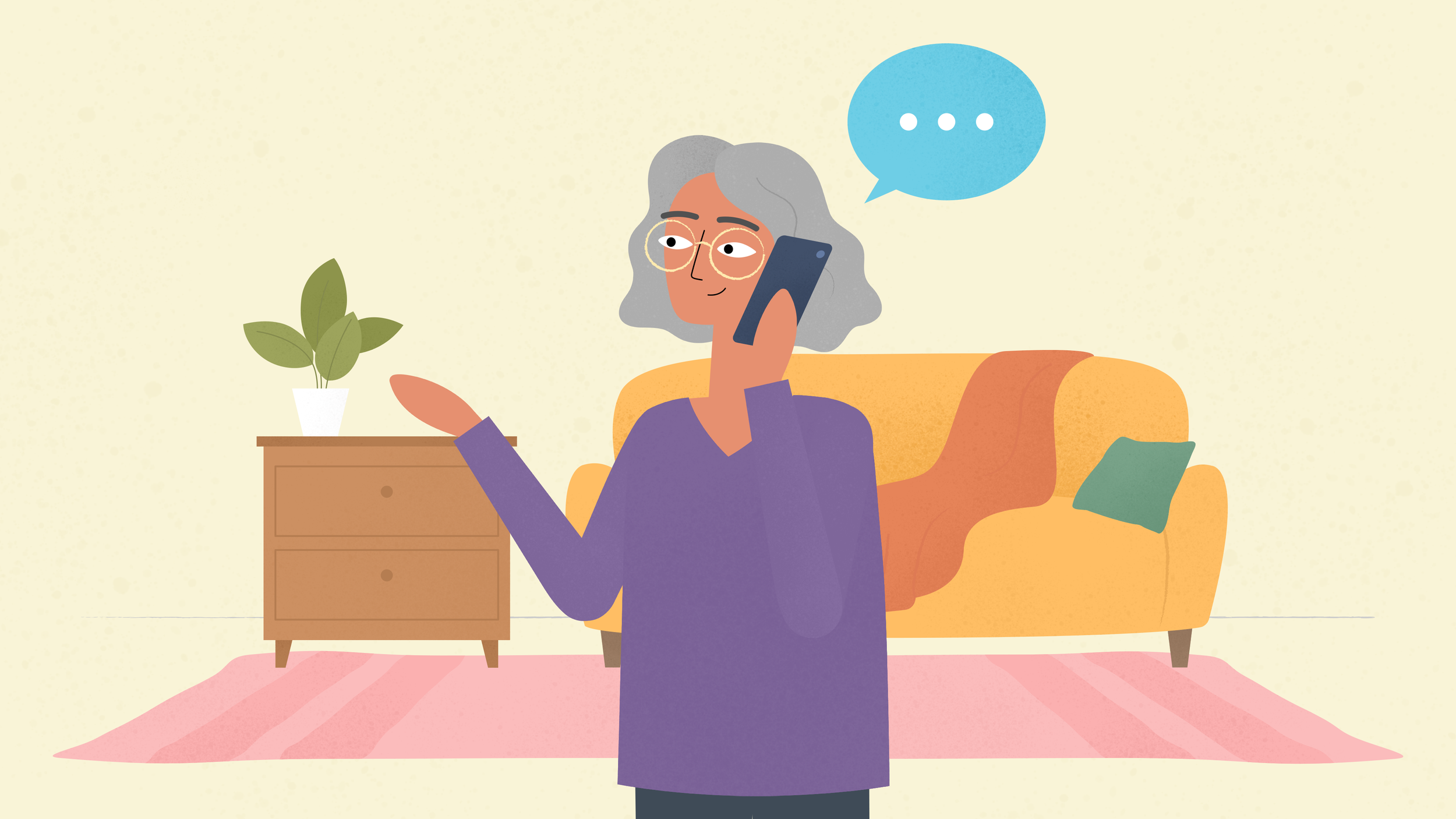 Older woman talks on a mobile phone at home in an animated healthcare video.