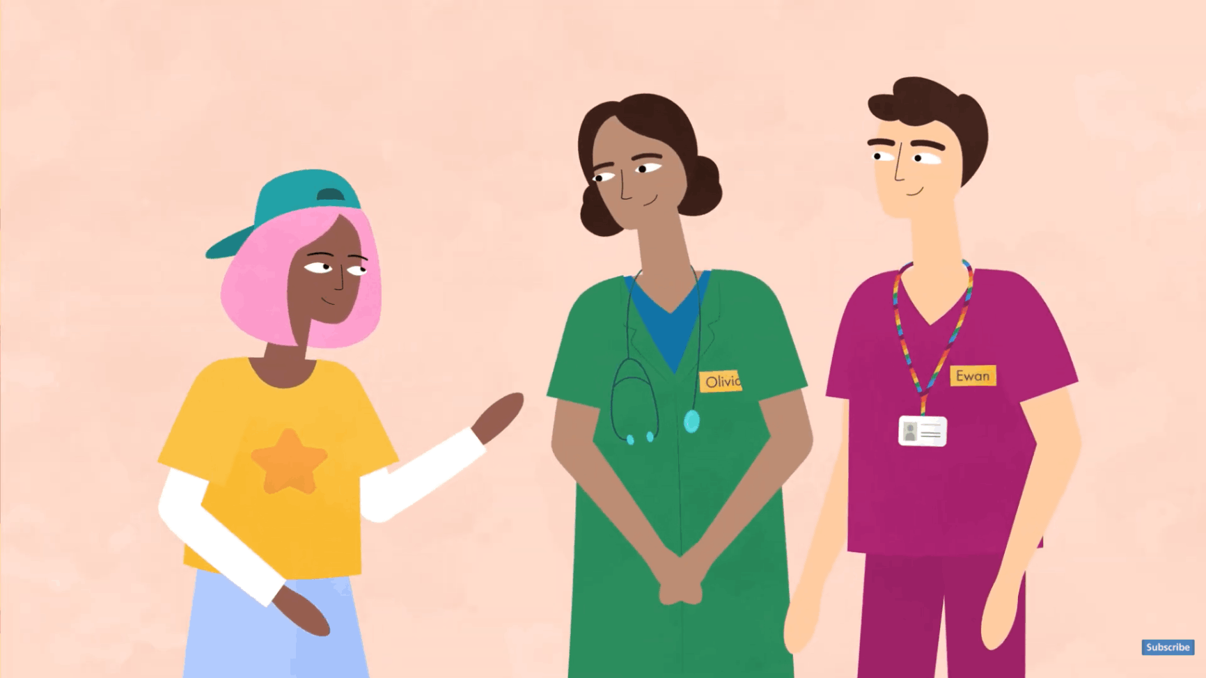 Young person speaking confidently with healthcare professionals wearing identification badges.