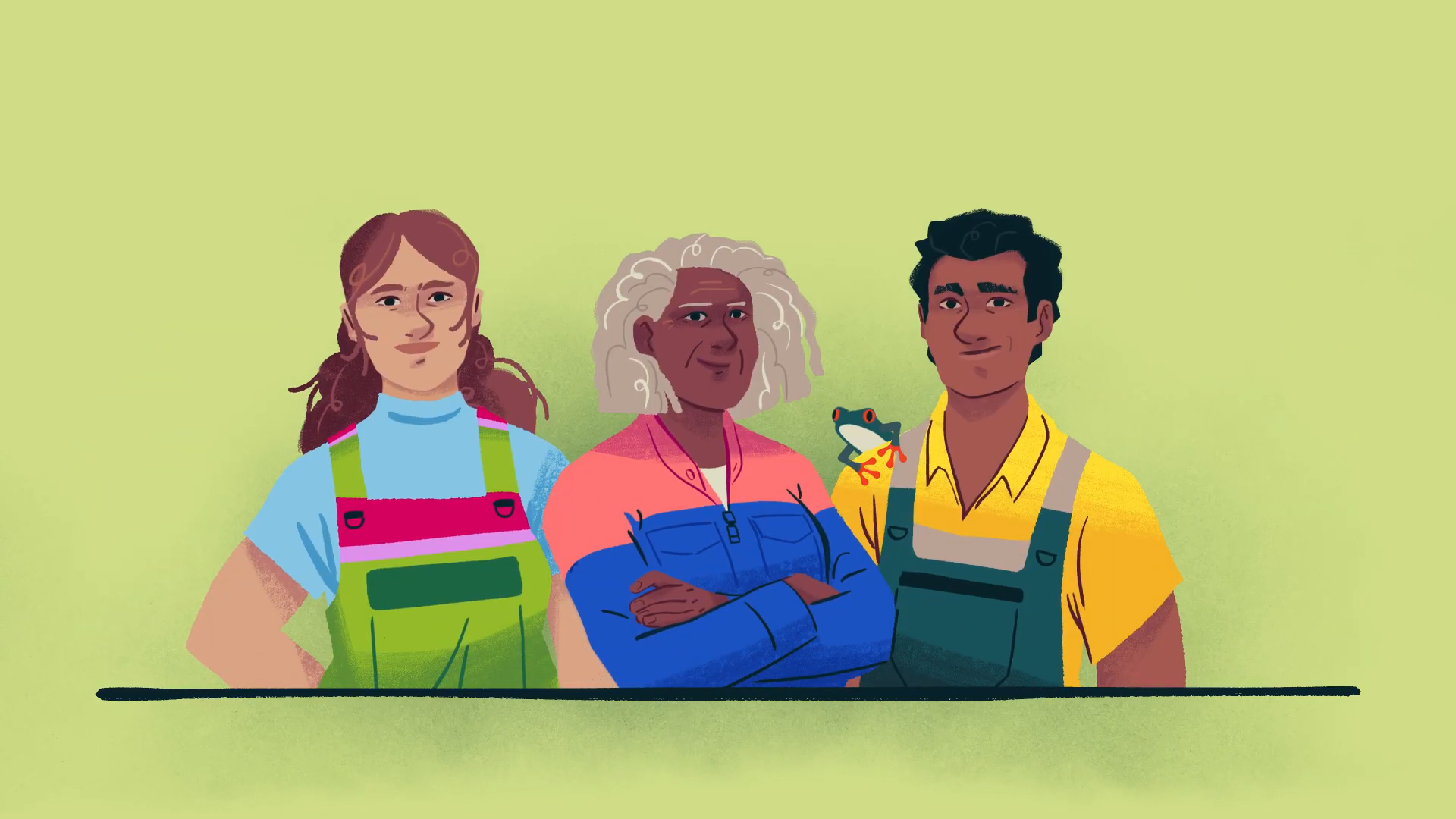 Three farmers of different ages stand together, representing agricultural teamwork.