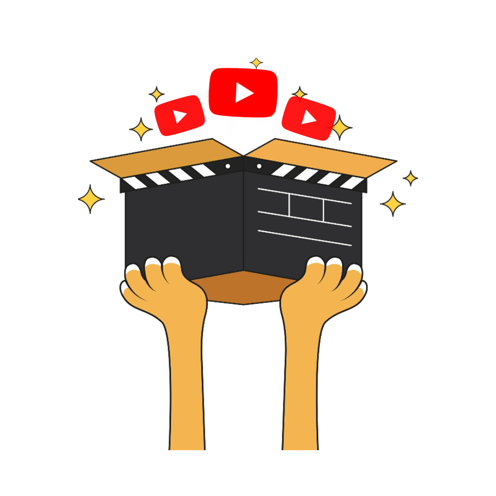 Hands lifting film box with video play icons