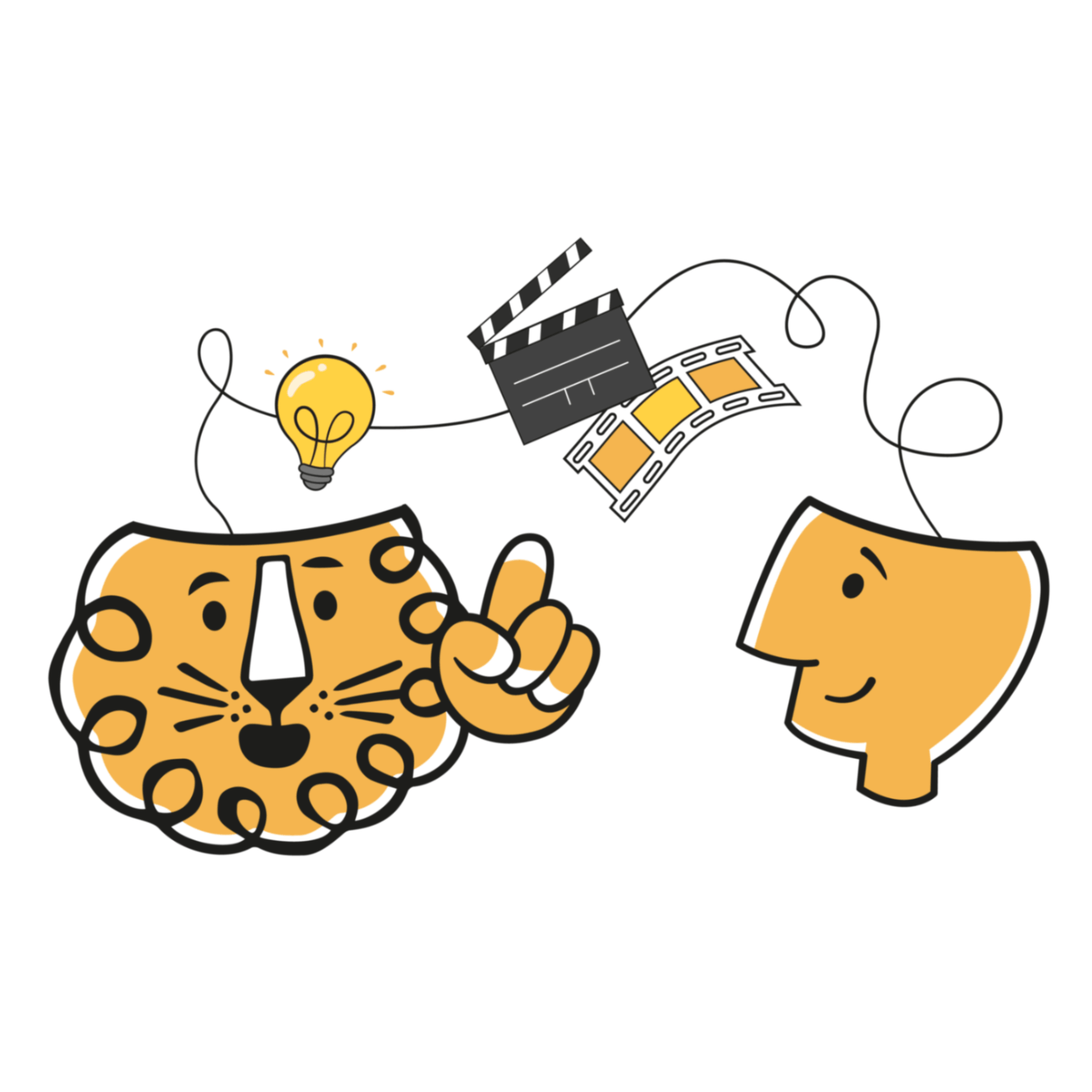 Leon the lion pointing to a lightbulb and film icons while speaking with a character, representing animation concept development.