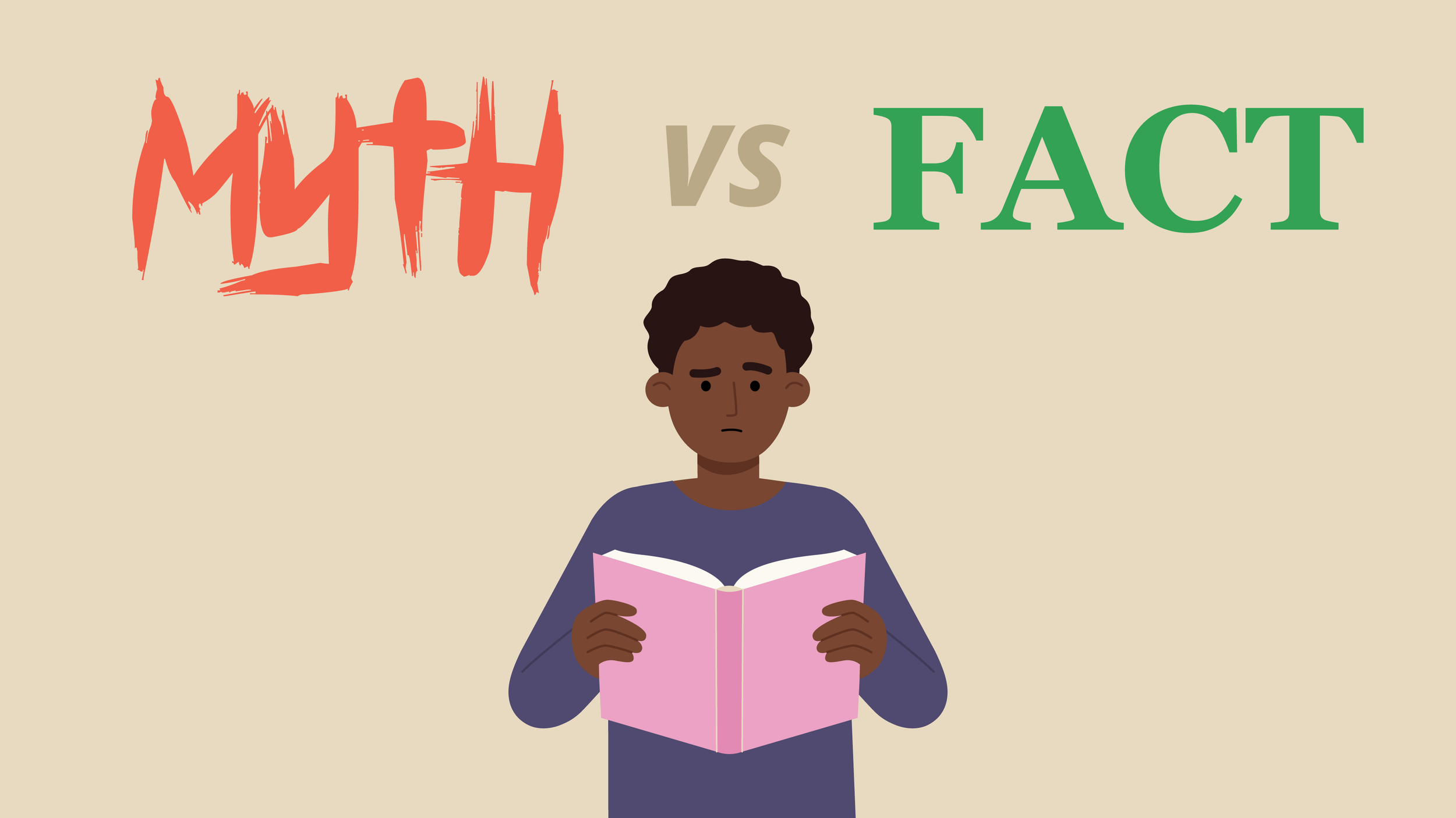 Illustration titled "Myth vs Fact" showing a man reading a book about epilepsy.