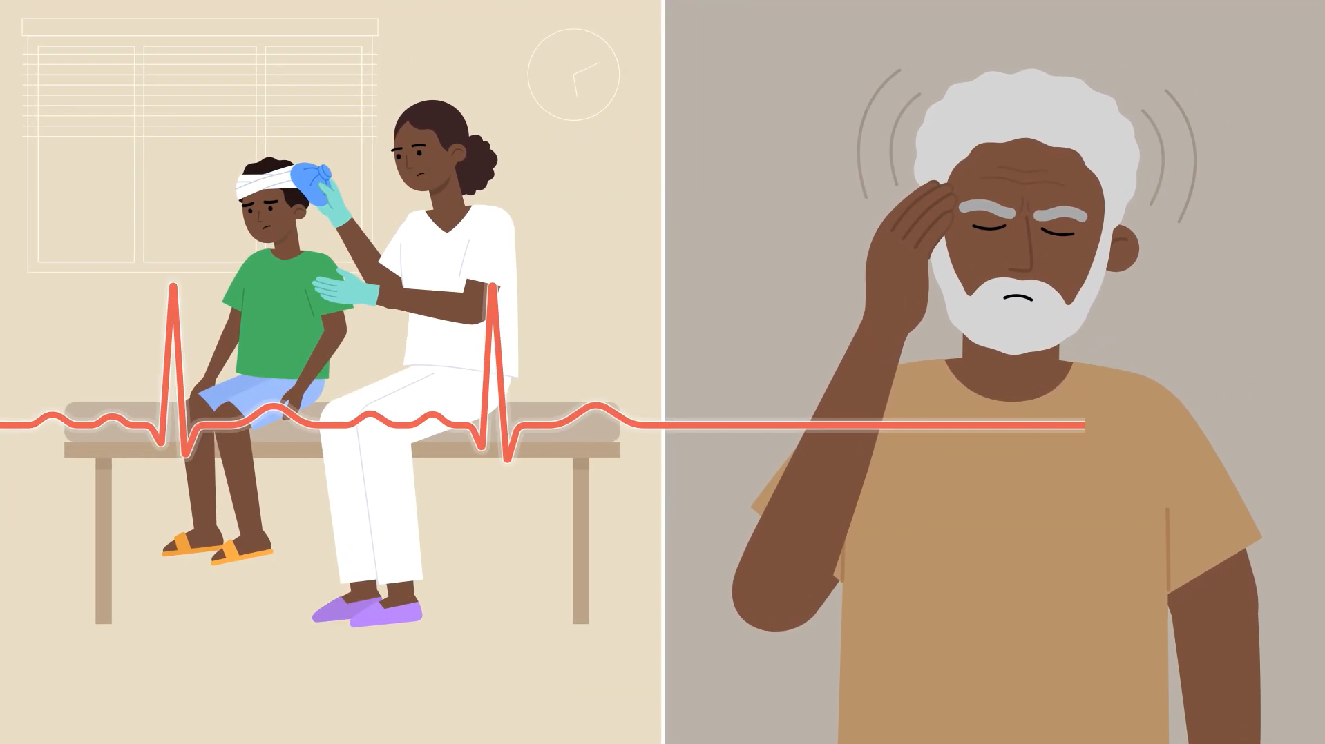 Healthcare worker treats injured child beside elderly man experiencing headache, connected by heartbeat line.