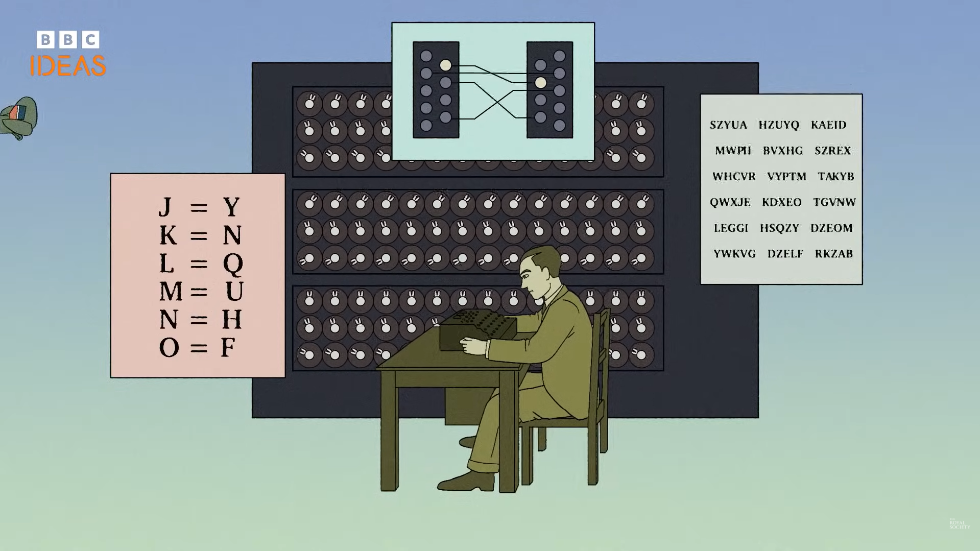 Man operates a large code-breaking machine with cipher charts displayed.