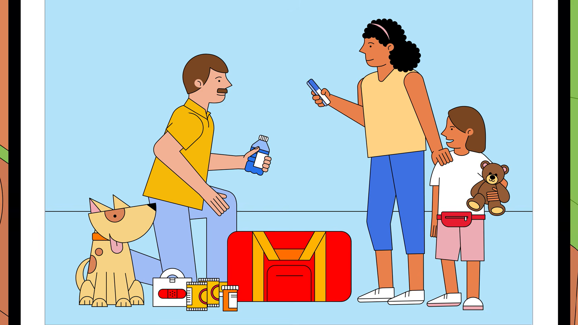American Red Cross animation showing a family preparing emergency supplies, including a first aid kit and luggage.