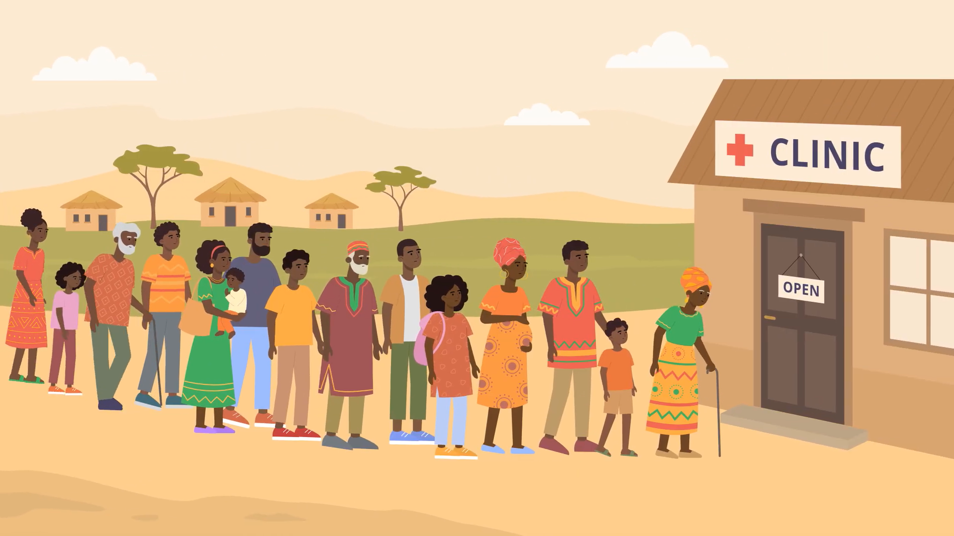 Community members of different ages wait outside a rural clinic for healthcare services.