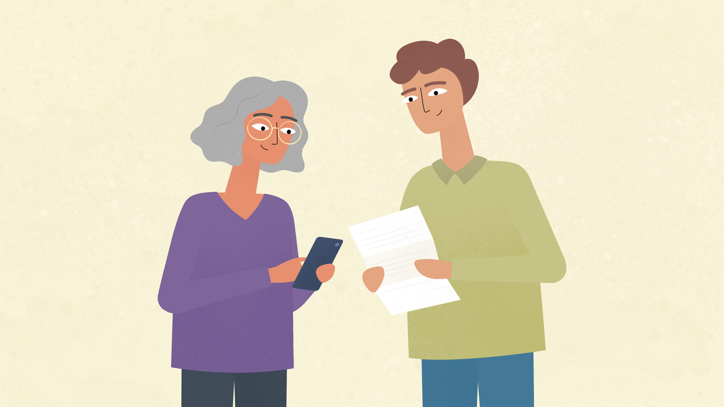 Older woman checks her phone while a man holds a document in an animated healthcare video.