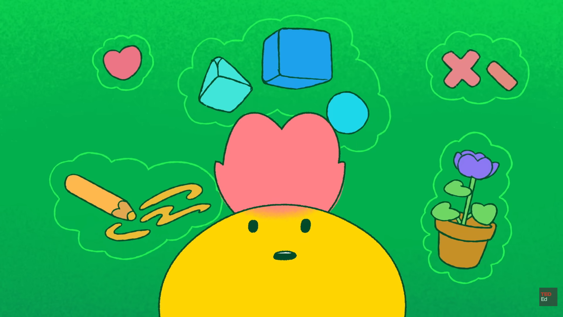 Child imagines shapes, drawing, flowers, and emotions while developing creative thinking.