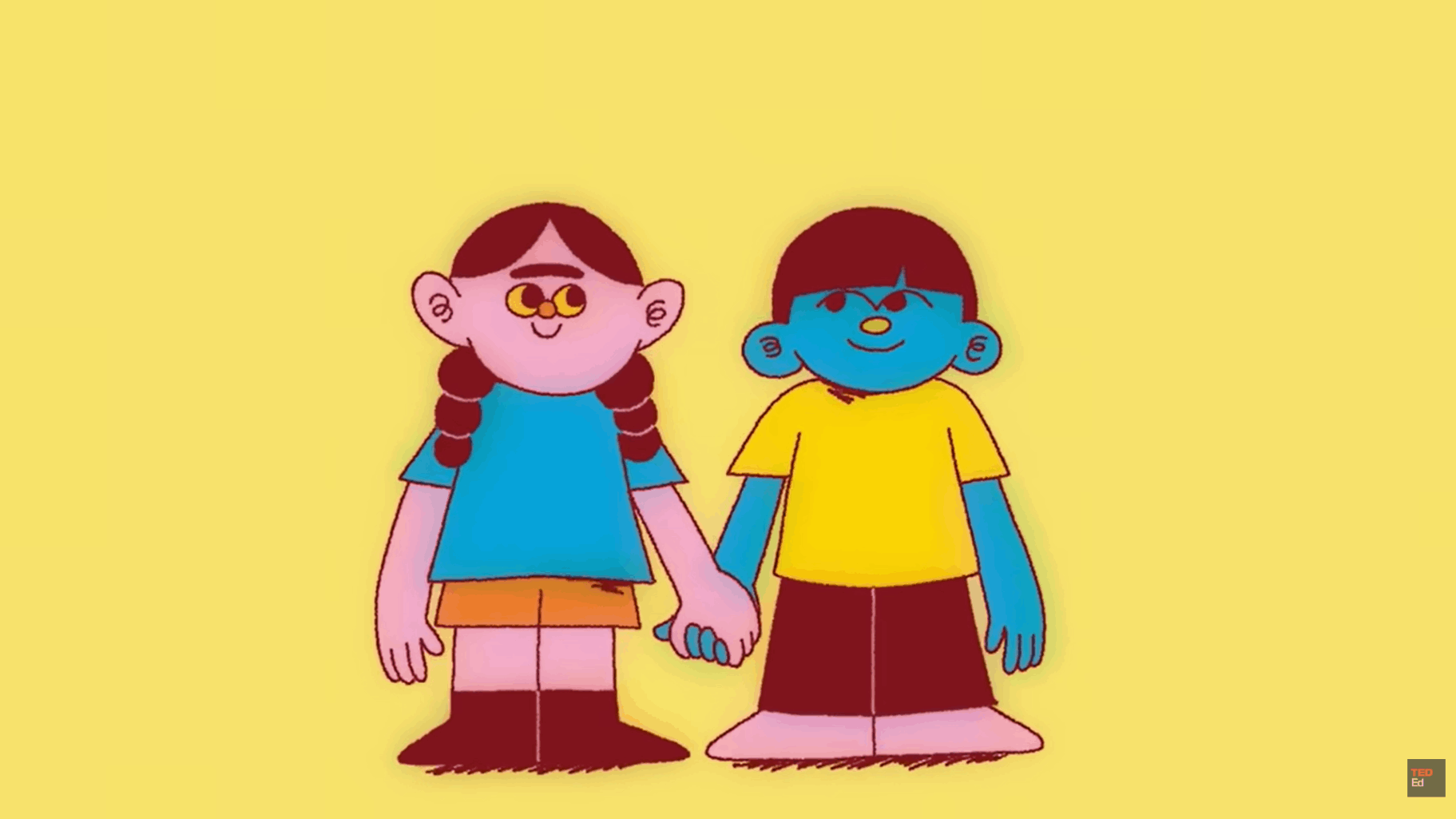 Two colorful cartoon children holding hands on yellow background
