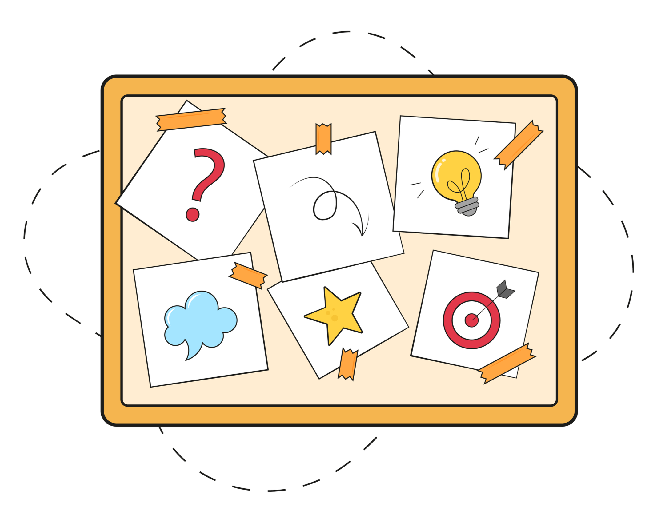 Bulletin board displays sticky notes with icons like stars, ideas, and targets.