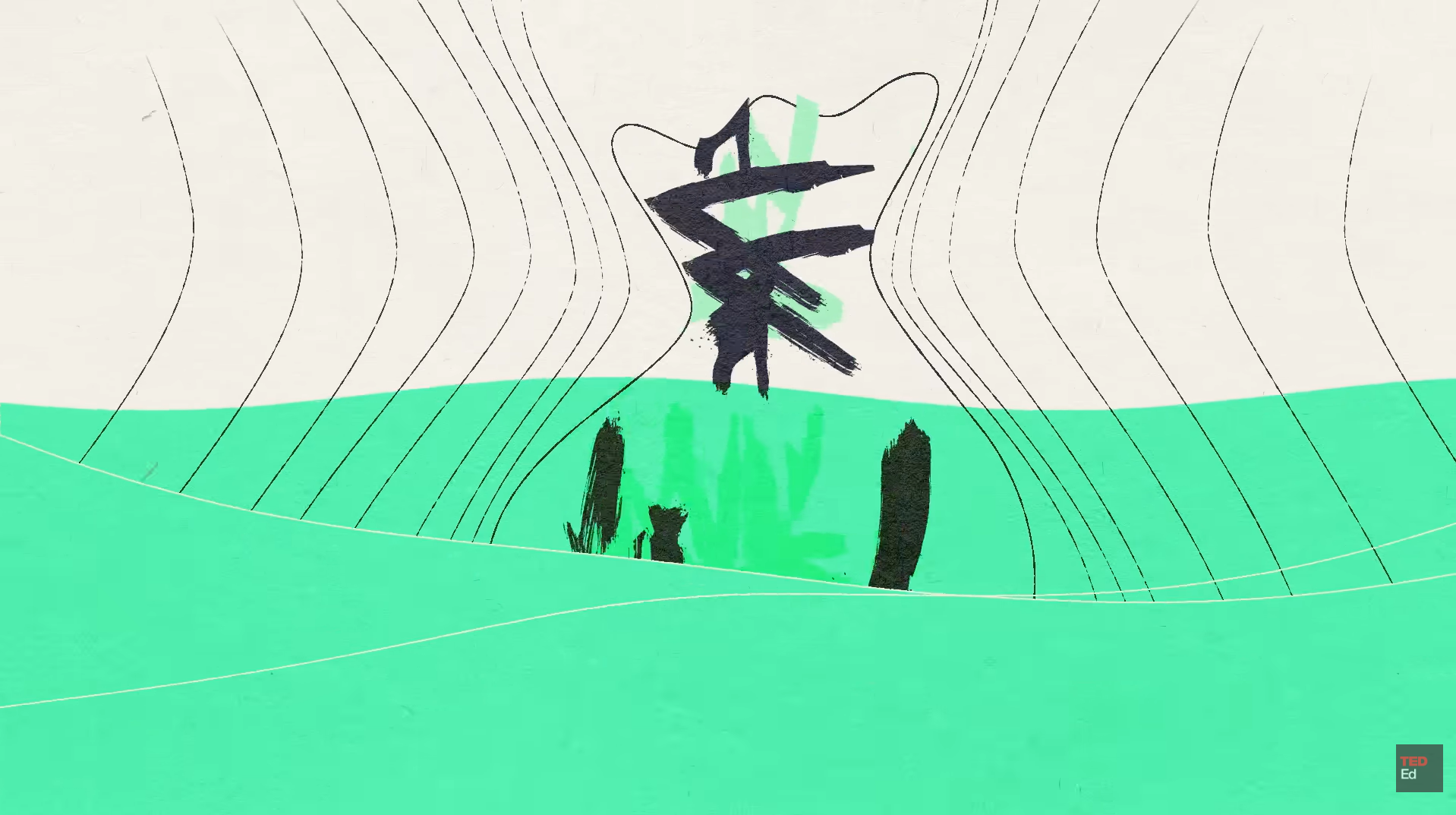 Abstract figure wrapped in dark brushstrokes stands between curved lines above bright green landscape.