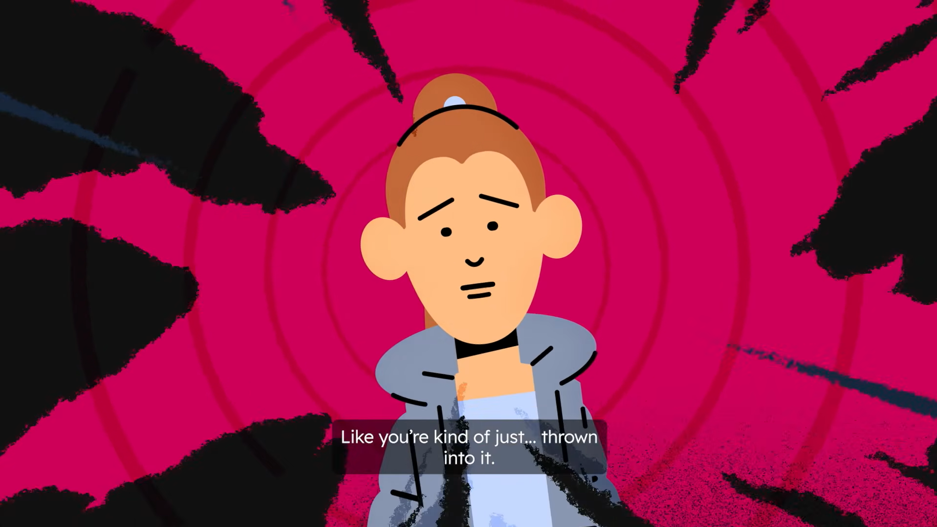 Animated woman with a worried expression against a pink background with dark abstract shapes.