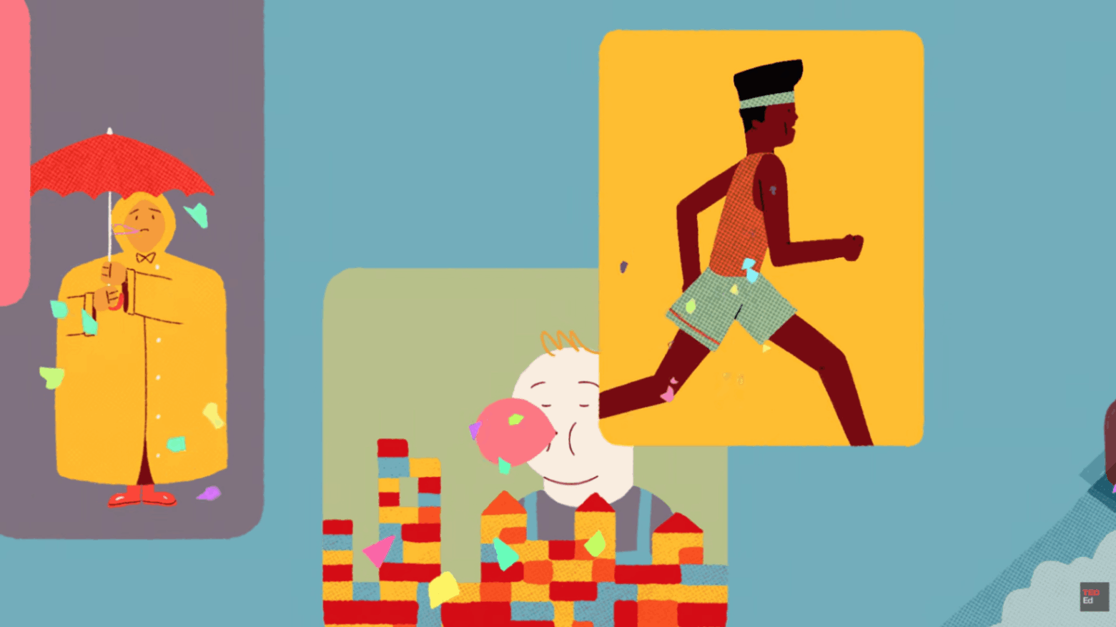 Illustrated panels showing children playing, including a child building blocks, a person running, and a figure standing in the rain with an umbrella.