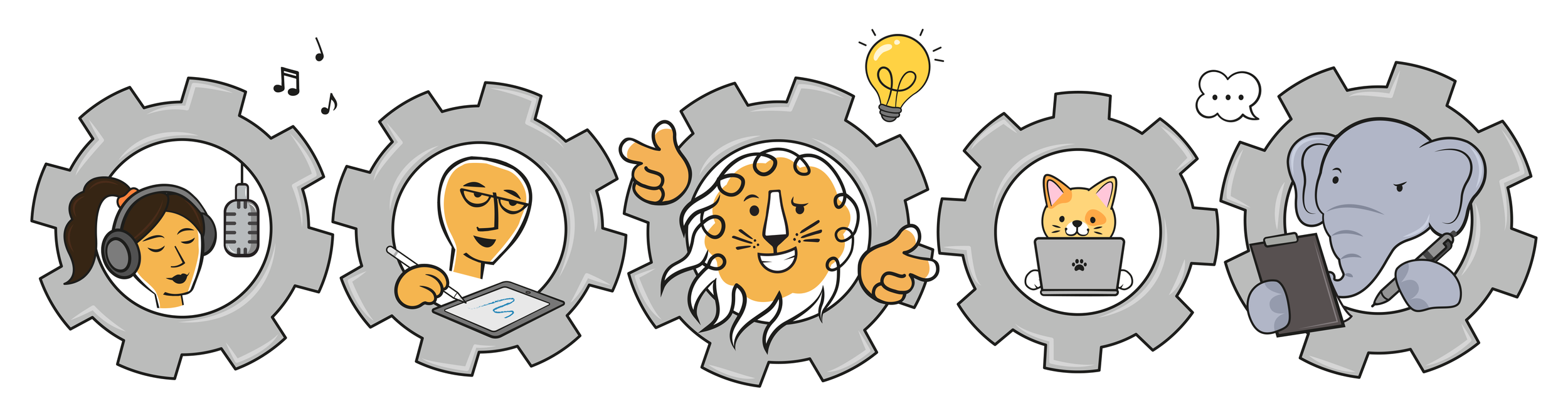 Illustrated gears showing different animation team roles including voice recording, script writing, animation, editing, and direction.