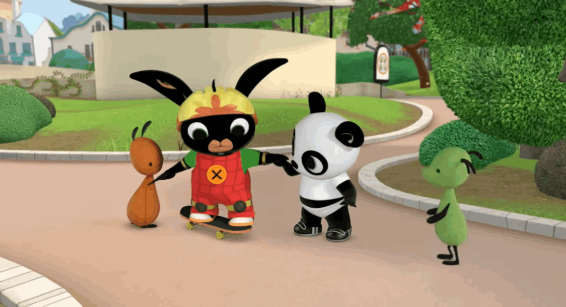 Animated rabbit character skateboarding with panda and friends in outdoor park setting