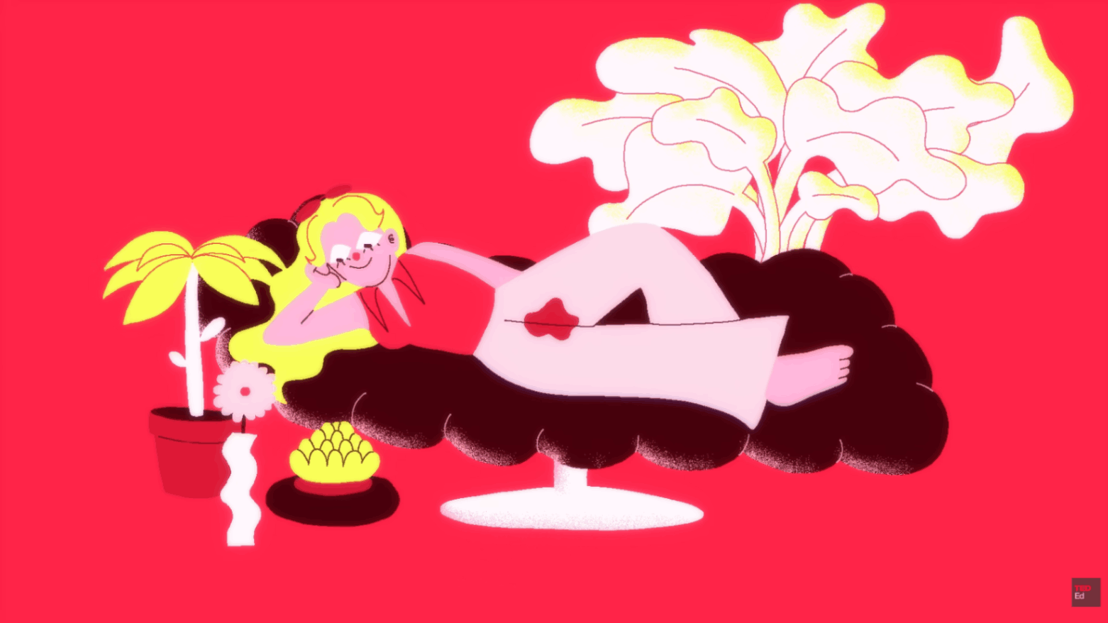 Person reclining on couch in stylized therapy scene surrounded by plants