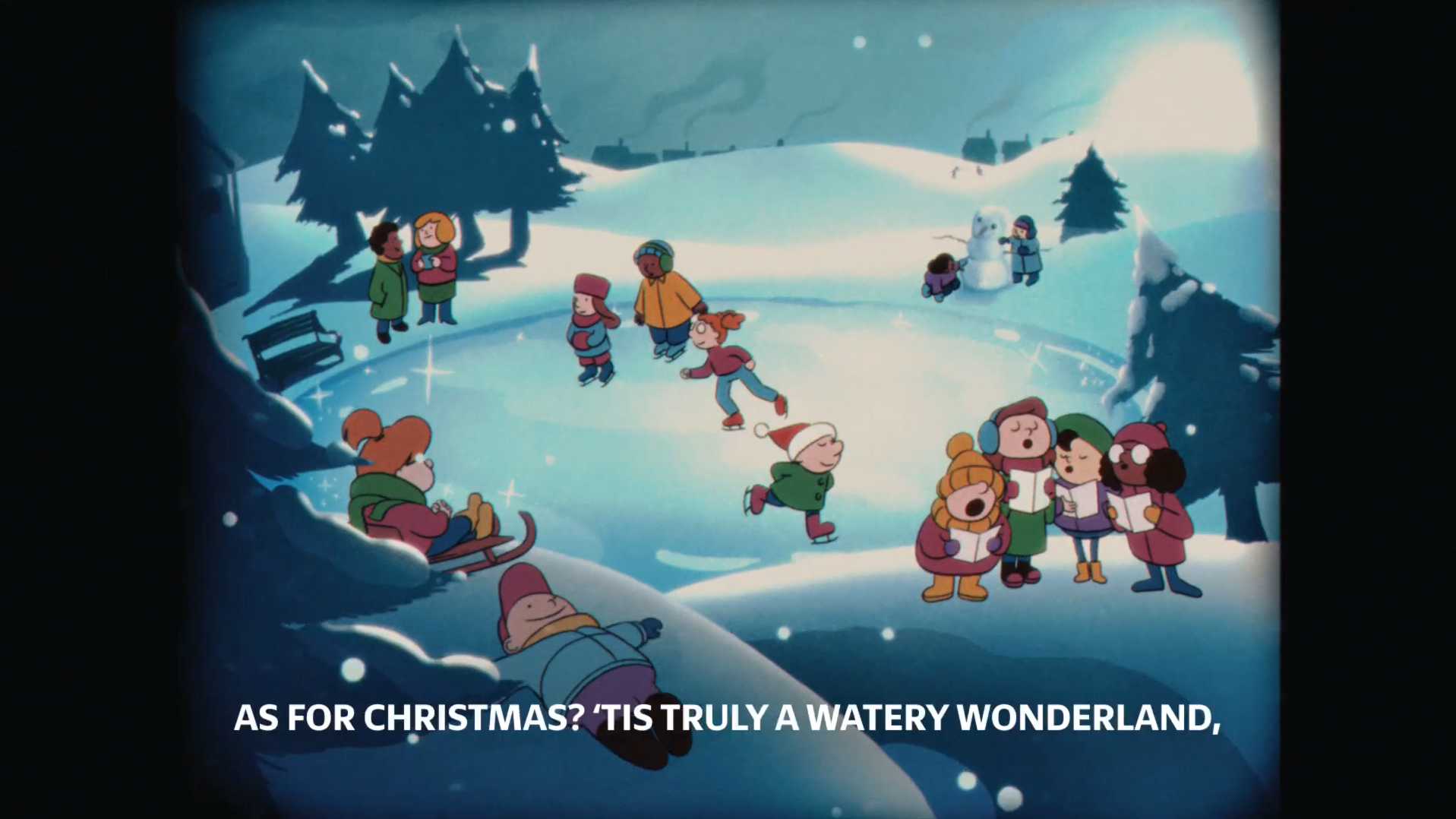 Children play and skate together in a snowy winter landscape.